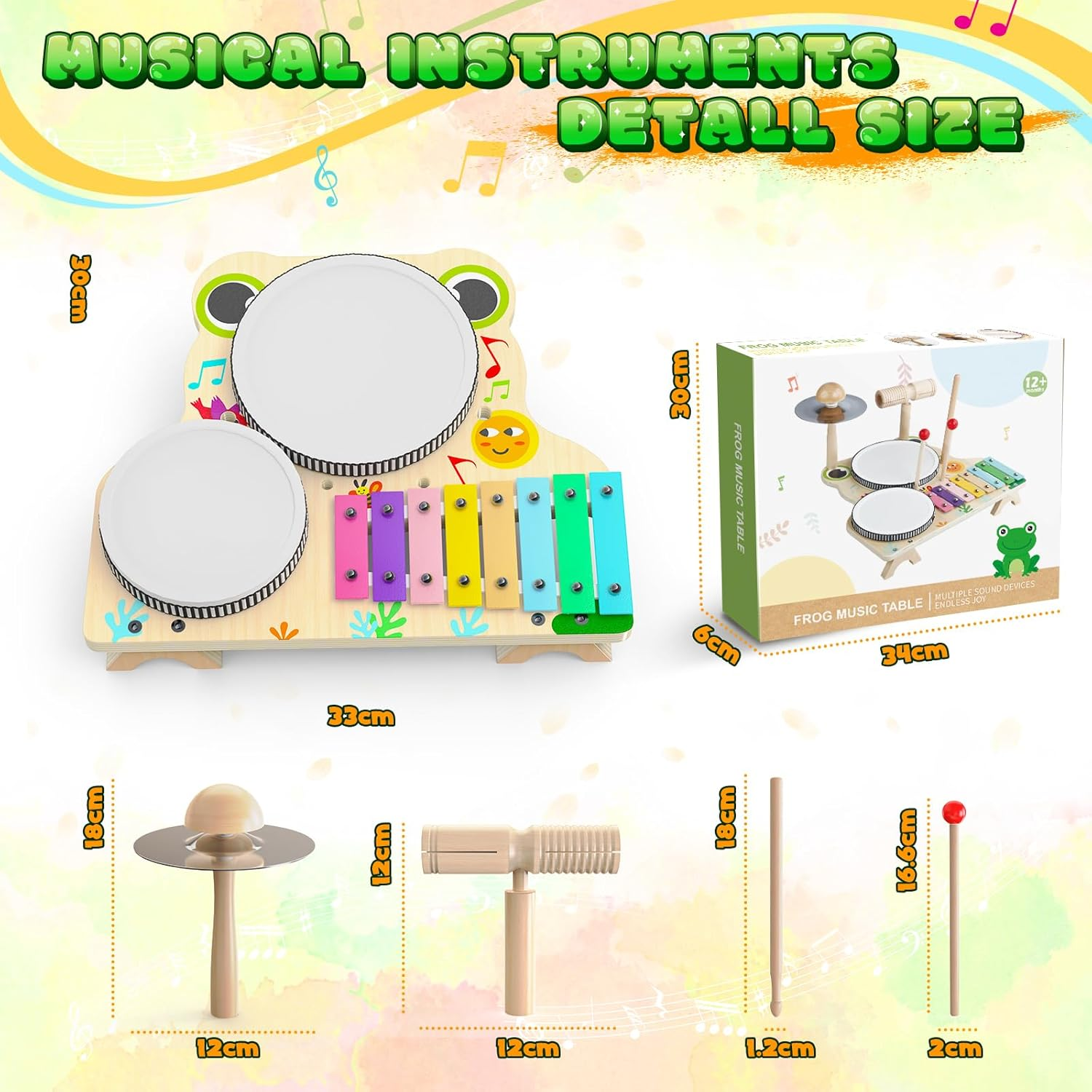 SKIRFY Kids Toys Musical Instruments, Toddler Wooden Toys Drum Kit, Baby Toy with Drum Sticks, Xylophone, Learning & Education Sensory Toy S for 3 4 5 Year Od Boys Girls image number 2