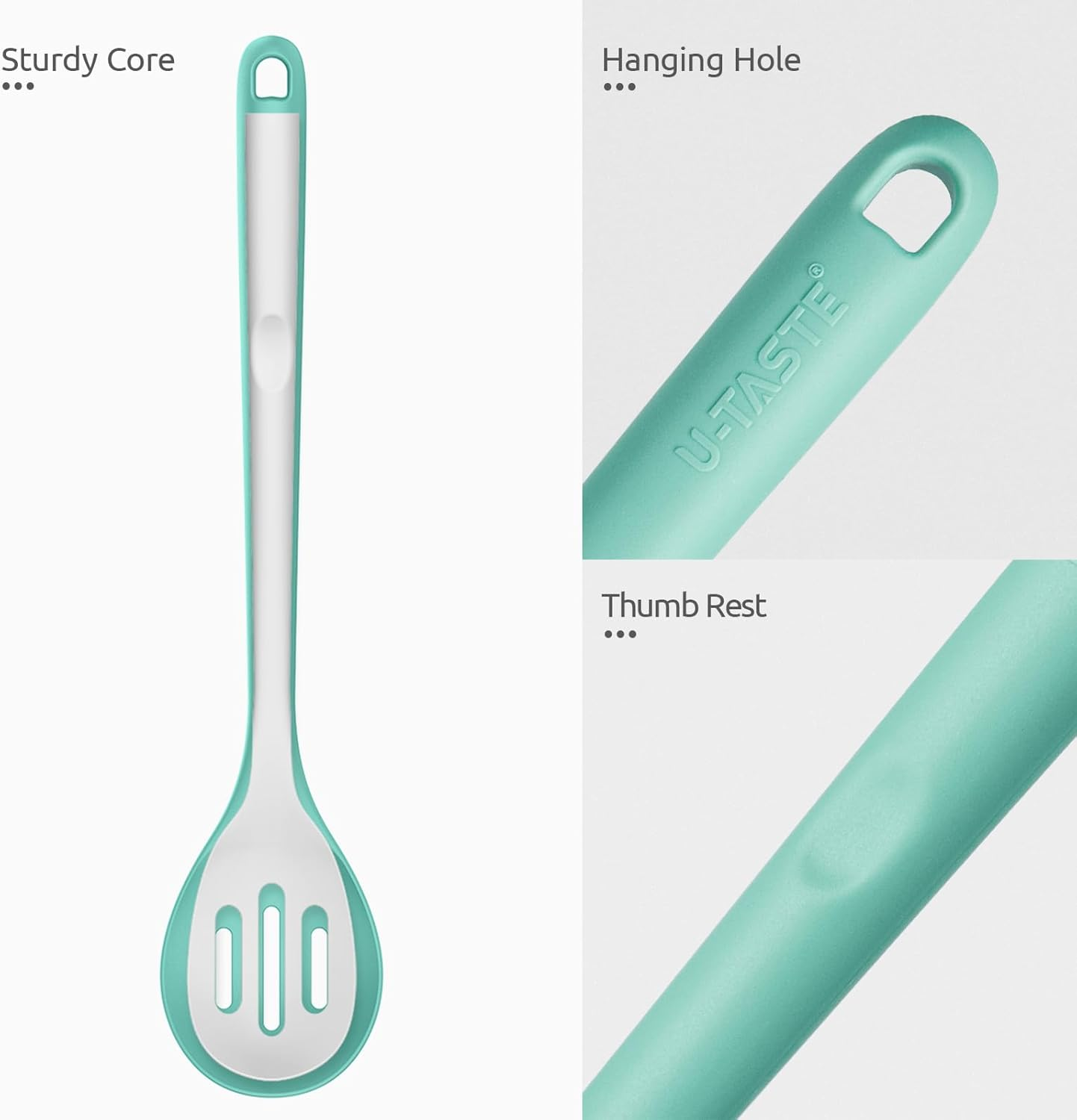 13.6" Slotted Cooking Spoon: U-Taste 600&ordm;f Heat Resistant Kitchen Mixing Spoon, BPA Free Nonstick Long and Large Rubber Soup Utensil for Serving, Basting, for Pot Cookware (Aqua Sky) image number 3