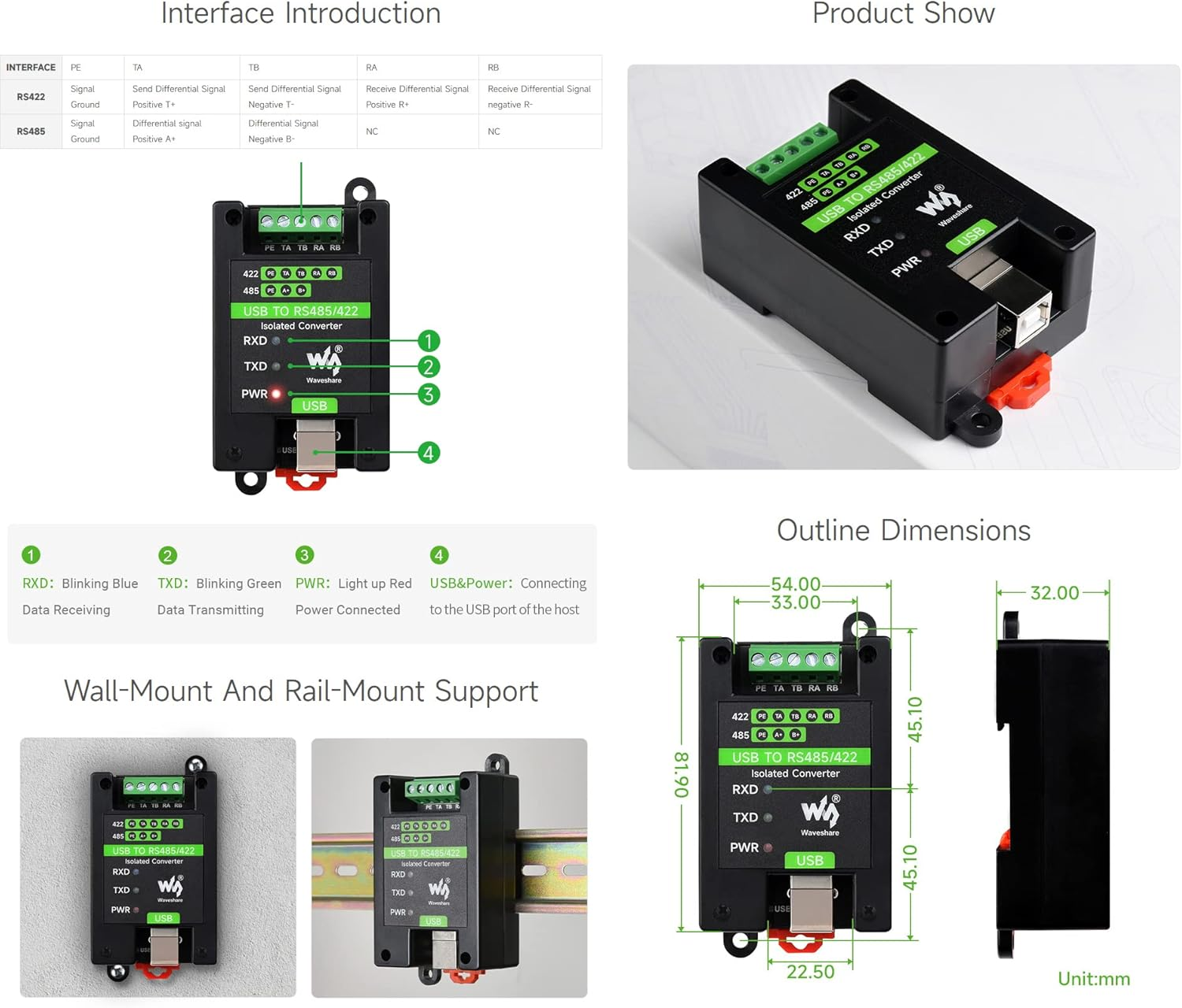 Waveshare USB to RS485/422 Industrial Grade Isolated Converter, Onboard Original FT232RL and SP485EEN, Multiple Protection, Wall-Mount and Rail-Mount Support, Fast Communication image number 2