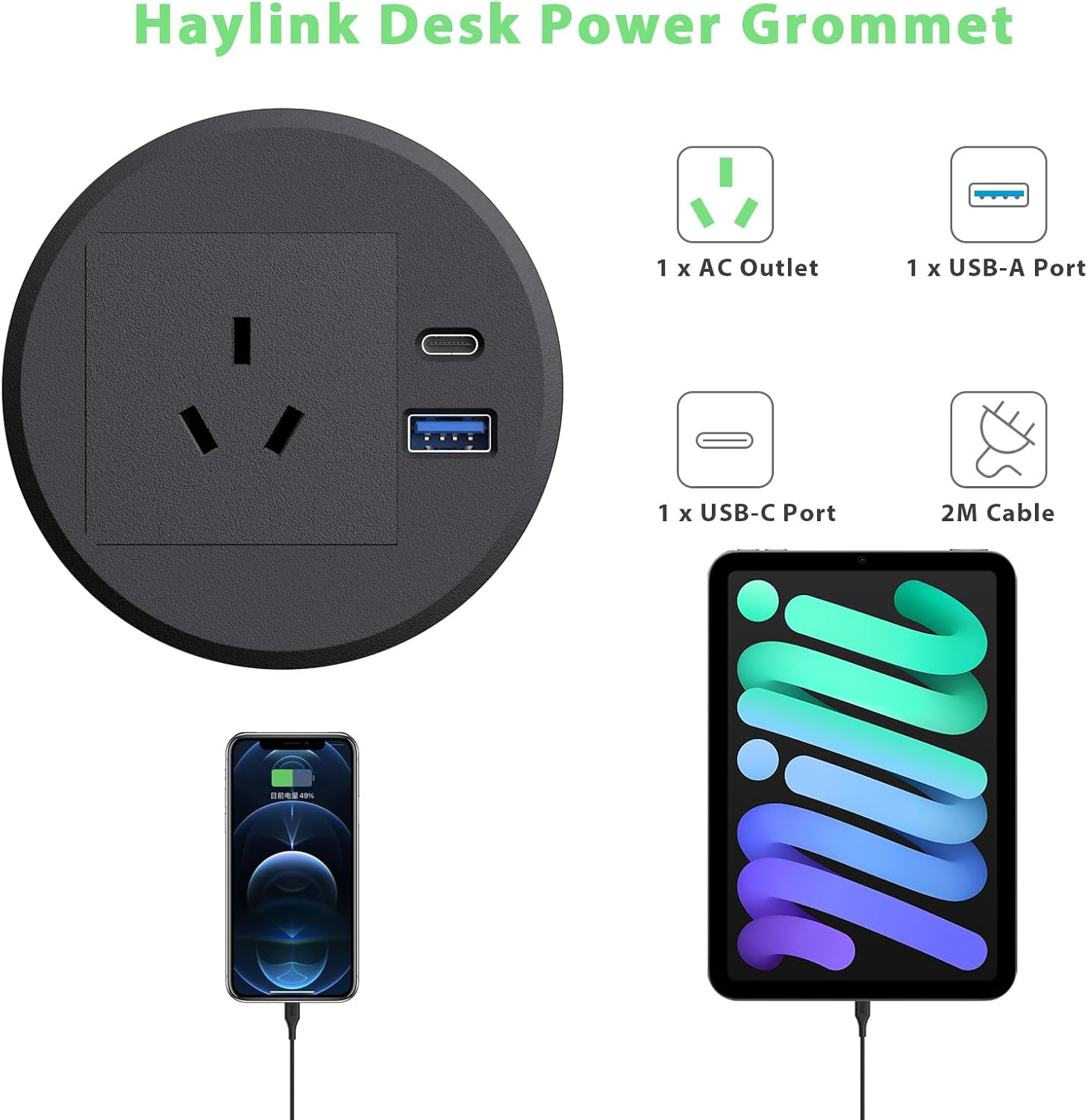Desk Power Grommet, Haylink Recessed Power Board 80Mm Hole Grommet with AC Outlets, PD 20W USB A+C Ports, 2M Cable, Furniture Power Board for Home Office Workshop, Black image number 2