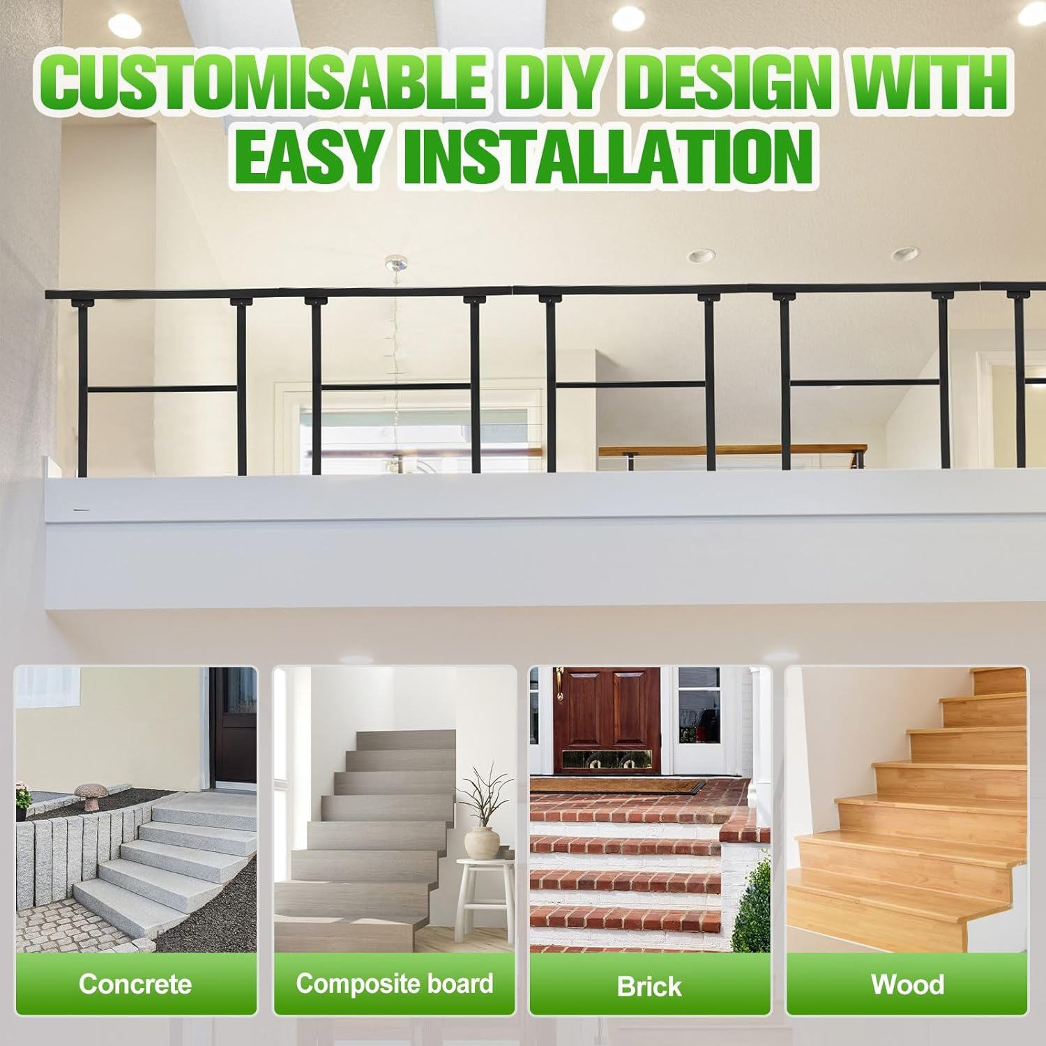 Stair Handrail Railings 3 to 4 Steps Adjustable Safety Metal Guard Hand Rails Kit for Outdoor Staircases Decks Porches Black image number 6