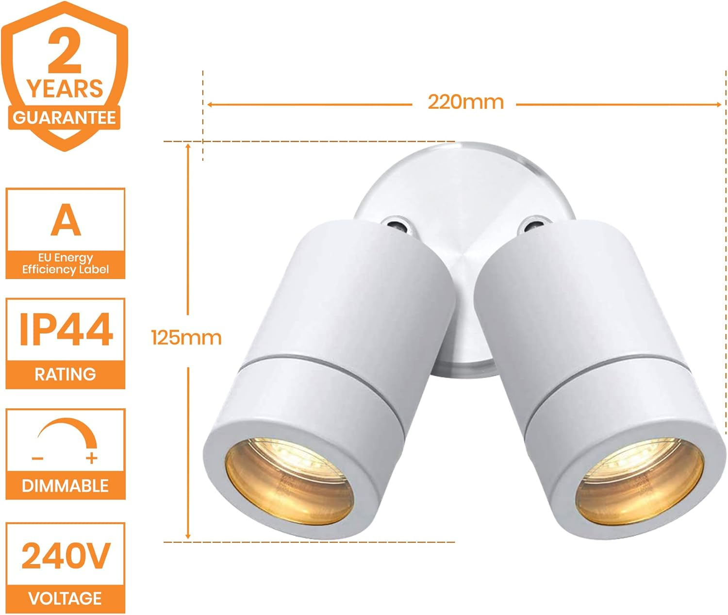 National Lighting IP44 Rated Outdoor Twin Spotlights, Gloss White Steel Adjustable Tilt outside Lights, Mains Powered Security Spot Lights, 2X 7W 240V LED GU10 (Not Included) image number 5