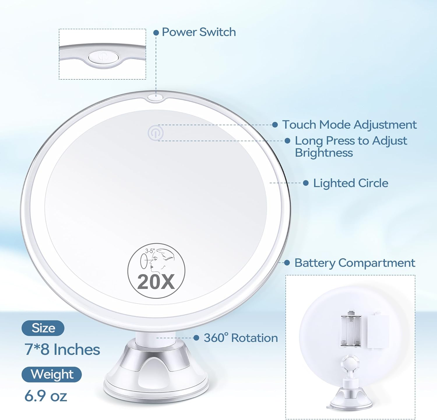 B Beauty Planet 2025 Upgraded Magnifying Mirror with Light, 20X Lighted Magnifying Mirror with Suction Cup and Tweezers, 3 Colors Vanity Mirrors, 360 Rotation, Makeup Mirrors with Lights 8 Inches image number 2