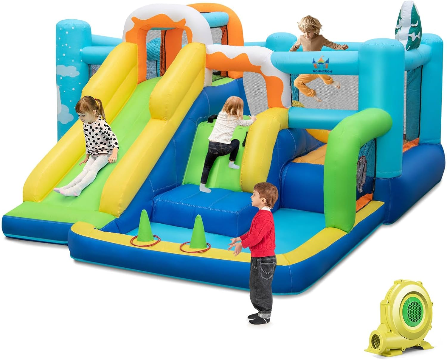 HONEY JOY Kids Inflatable Water Slide, 7-In-1 Outdoor Kids Jumping Castle W/Long Slide, Large Ball Pit, Double Climbing Walls, Basketball Hoop, Pitching Game & Ring-Toss Game (With 680W Blower)
