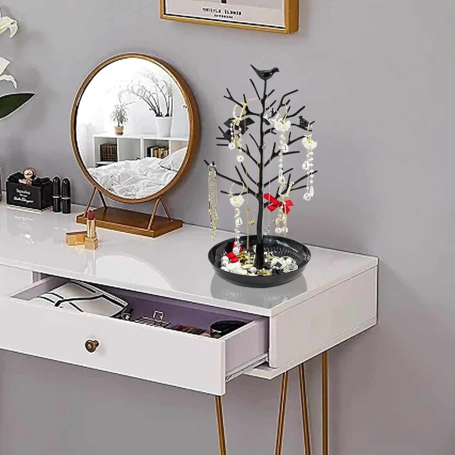 Mrmrkura Jewelry Tree Earring Necklaces Holder, Tree Tower Organizer for Women Girl Jewelry Rack Stand Display for Earrings, Necklaces, Rings (Black) image number 1