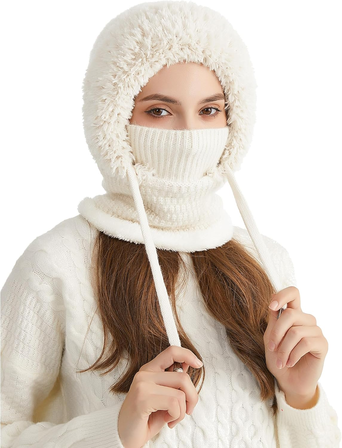 KEOYA Women'S Knit One-Piece Hat with Scarf Elastic Face Mask Fleece Balaclava with Drawstring Winter Warm Ski Beanie Cap image number 5