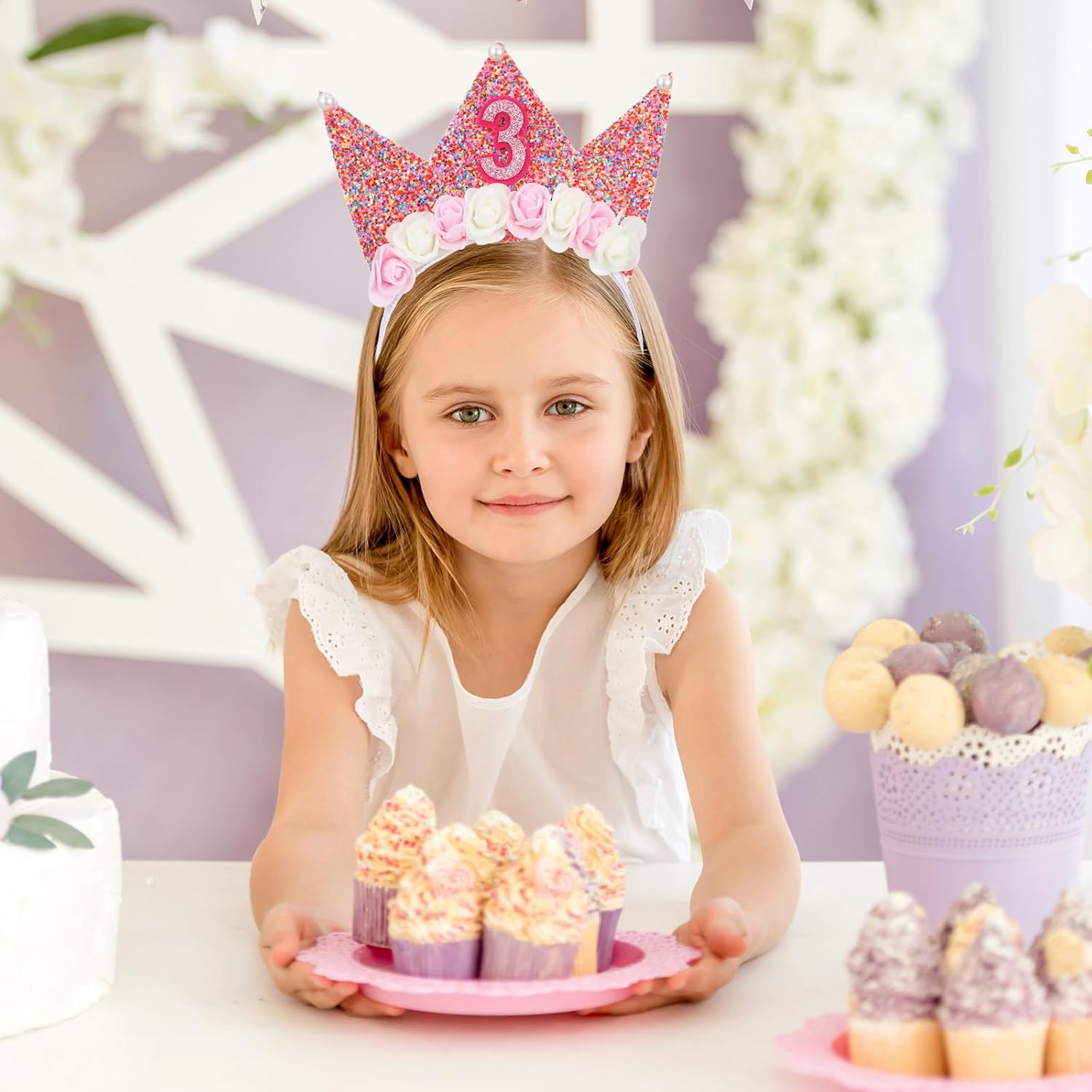 3Rd Birthday Crown Headband Glitter Flower Birthday Decoration Princess Birthday Girl Tiara Elastic Bling Party Accessories 3 Year Old Hair Band Photo Prop image number 4