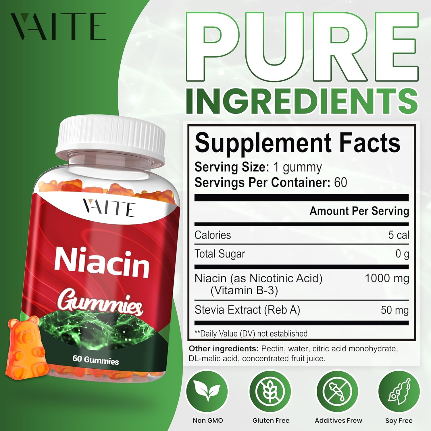 Niacin (Vitamin B3) 1000Mg Supplement &ndash; Antioxidant & Energy Support, Nicotinic Acid for Nutrient Conversion & Skin Hydration, Sugar-Free, 60 Vegan Gummies, Non-Gmo, Daily Chewable image number 4