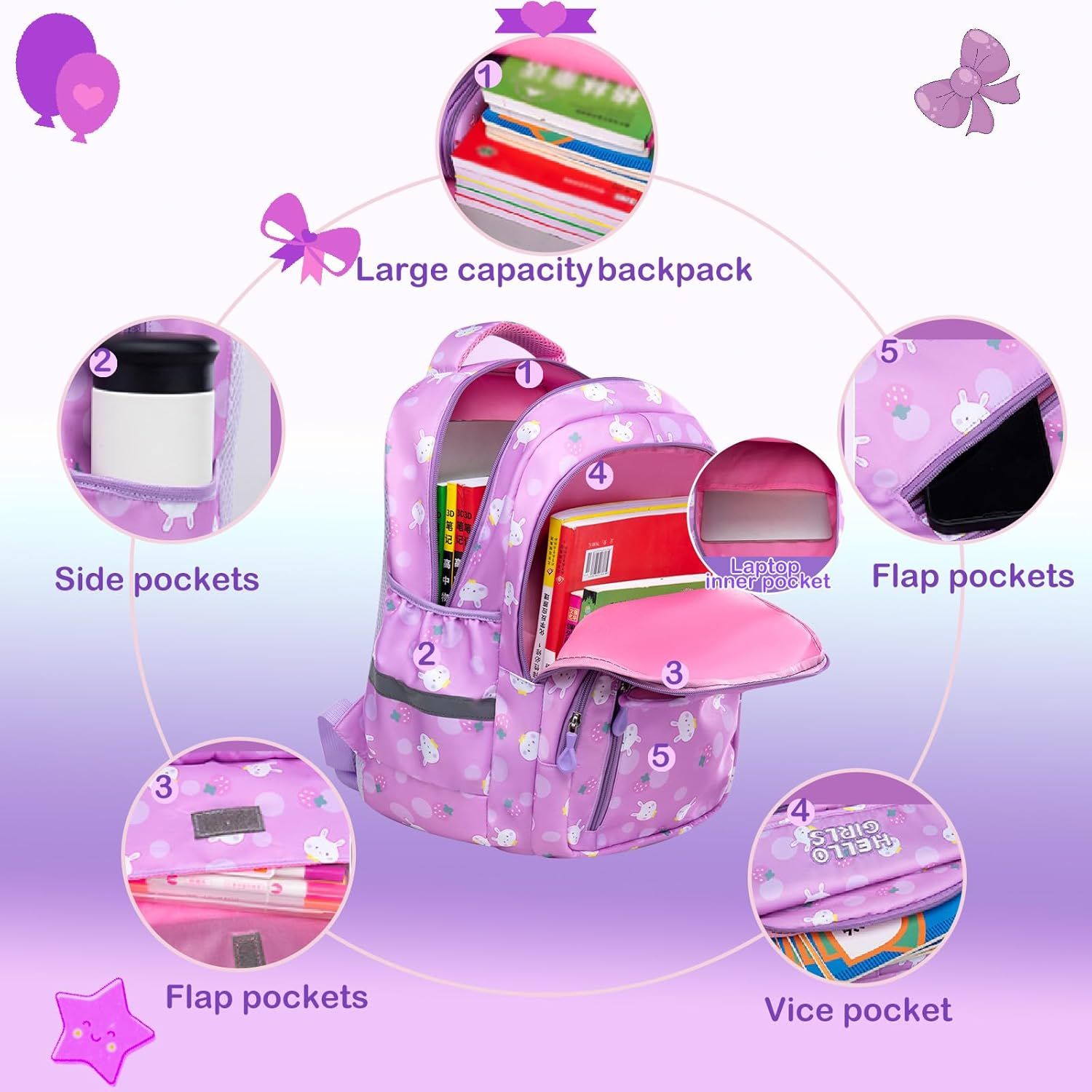 Kids Backpack Cute School Bookbag for Girls Kawaii Printed Schoolbag Elementary Lightweight Backpack image number 2