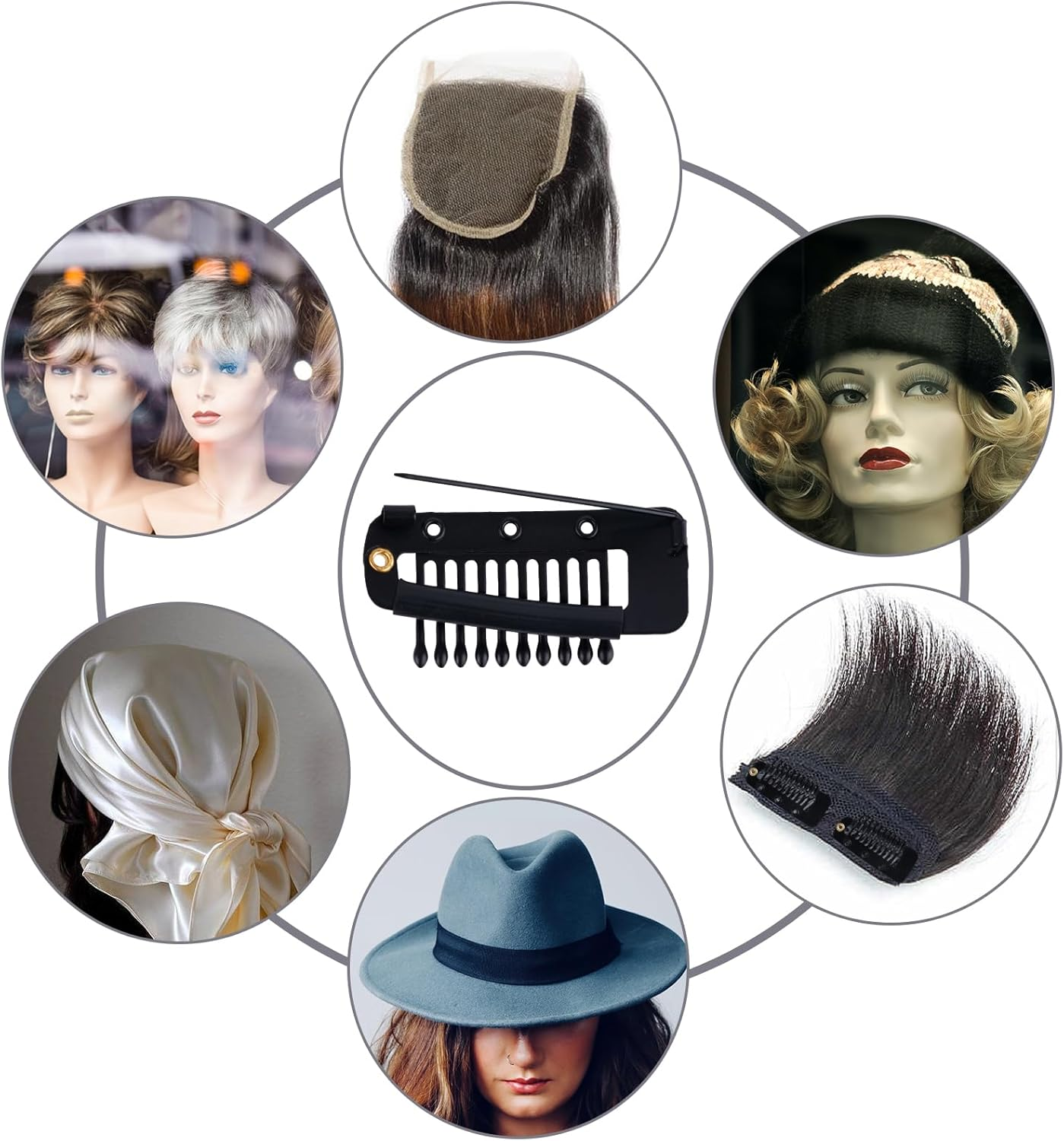 6Pcs Chunni Clip with Safety Pins Wig Clips to Secure Hair Accessories Hair Extension Clips for Dupatta, Hijab Indian Costume, with Rubber Snap to Easy Operate (Black) image number 4