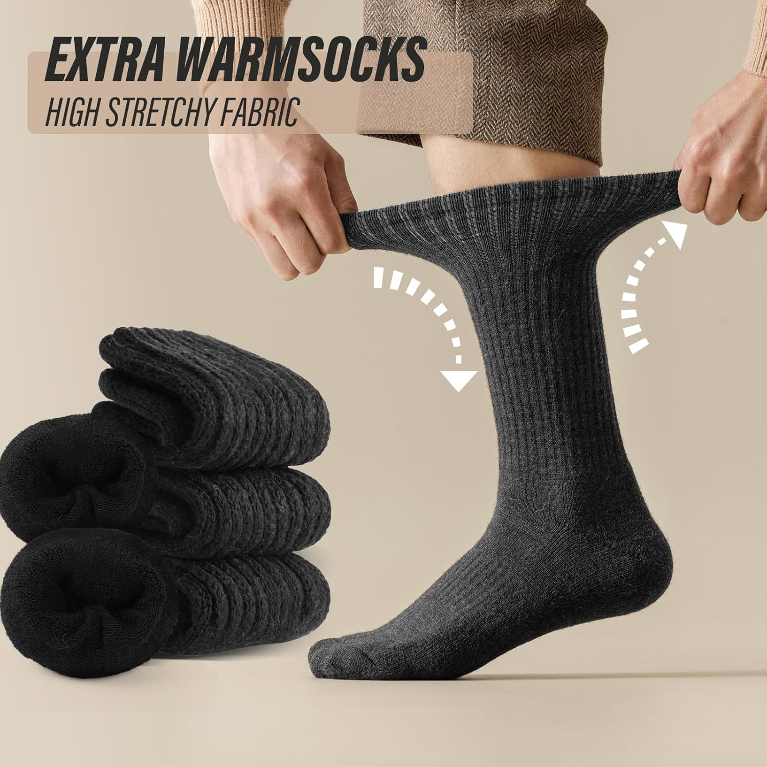 Viiotu Men'S Merino Wool Socks 3-Pack, 95.5% Merino Wool Warm Soft Breathable Moisture-Wicking Antibacterial Durable Merino Wool Socks Men Wool Socks - Black image number 5