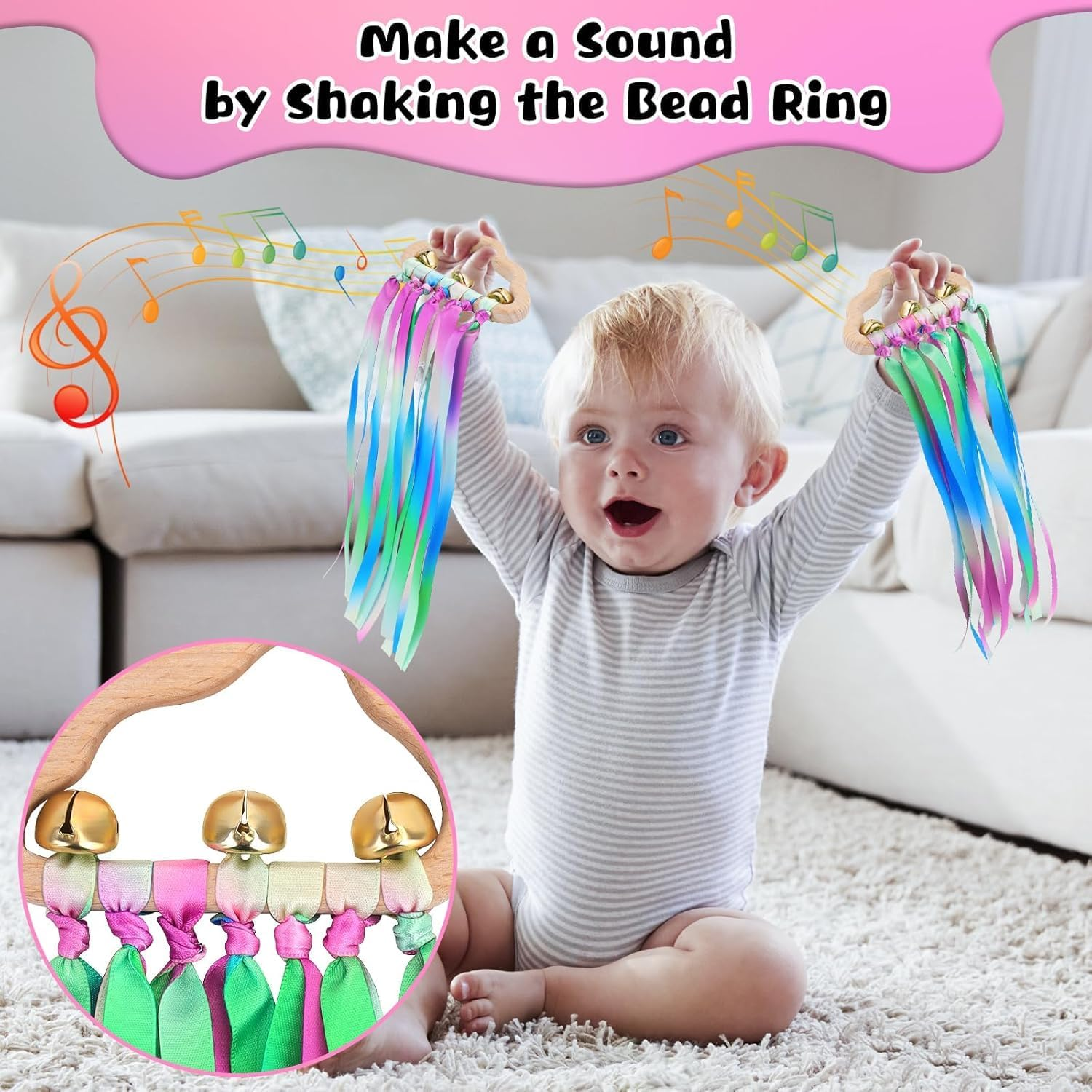 Baby Sensory Ribbon Ring Toys - 2Pcs Rainbow Ribbon Rattle Natural Wooden Ribbon Ring, Sensory Montessori Toy for 3+ Month Babies Toddler (Multicolor) - Multicolor image number 3