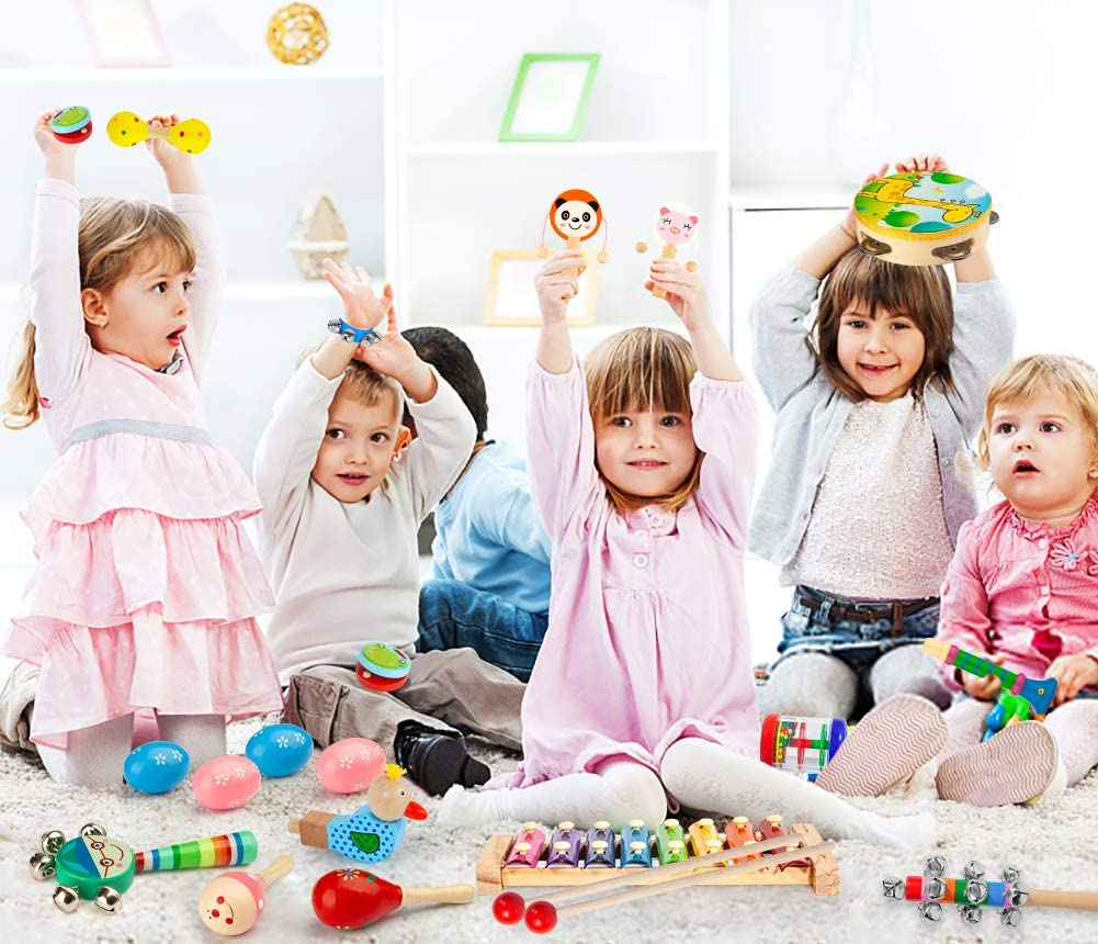 Toddler Musical Instruments, 33 PCS 19 Types Wooden Percussion Instruments Toys for Baby Kids Preschool Education, Early Learning Musical Xylophone Tambourine Drums Toy for Boys and Girls image number 3