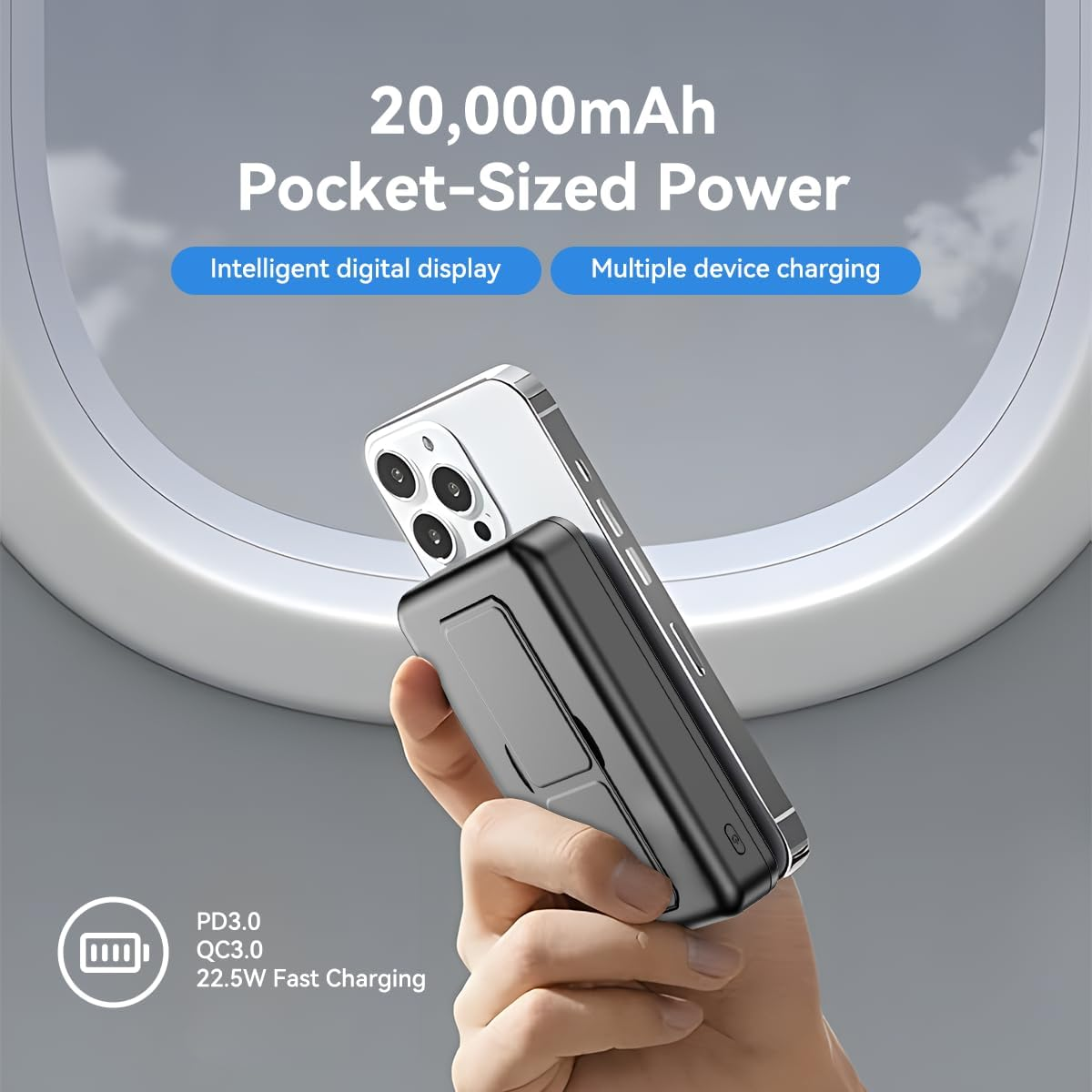 Magnetic Power Bank 20000Mah Portable Charger Wireless LED Display 22.5W Fast Charging Built in 2 Cables and Type-C/Lighting/Usb with Foldable Stand Compatible with Iphone 17 Cell Phone Series-Black image number 3