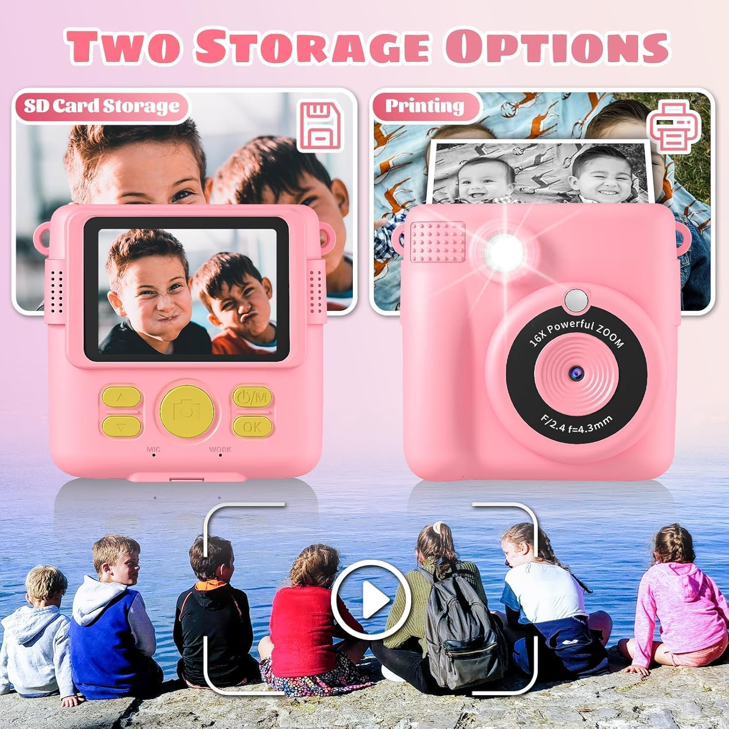 Kids Camera - Children'S Instant Camera Print 1080P 2.4 Inch Screen, Digital Camera with 16X Digital Zoom, 32GB TF Card, Card Reader, Colored Pens for 3-12 Boys and Girls Years Gift PINK - Purple image number 5