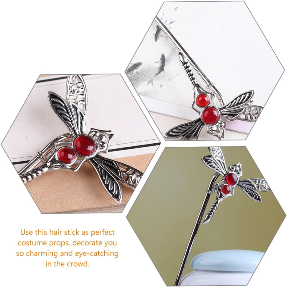 IMUSINICE White Gold-Plated Dragonfly Hair Stick with Pearl and Agate Hair Chopsticks Suitable for Hanfu image number 4