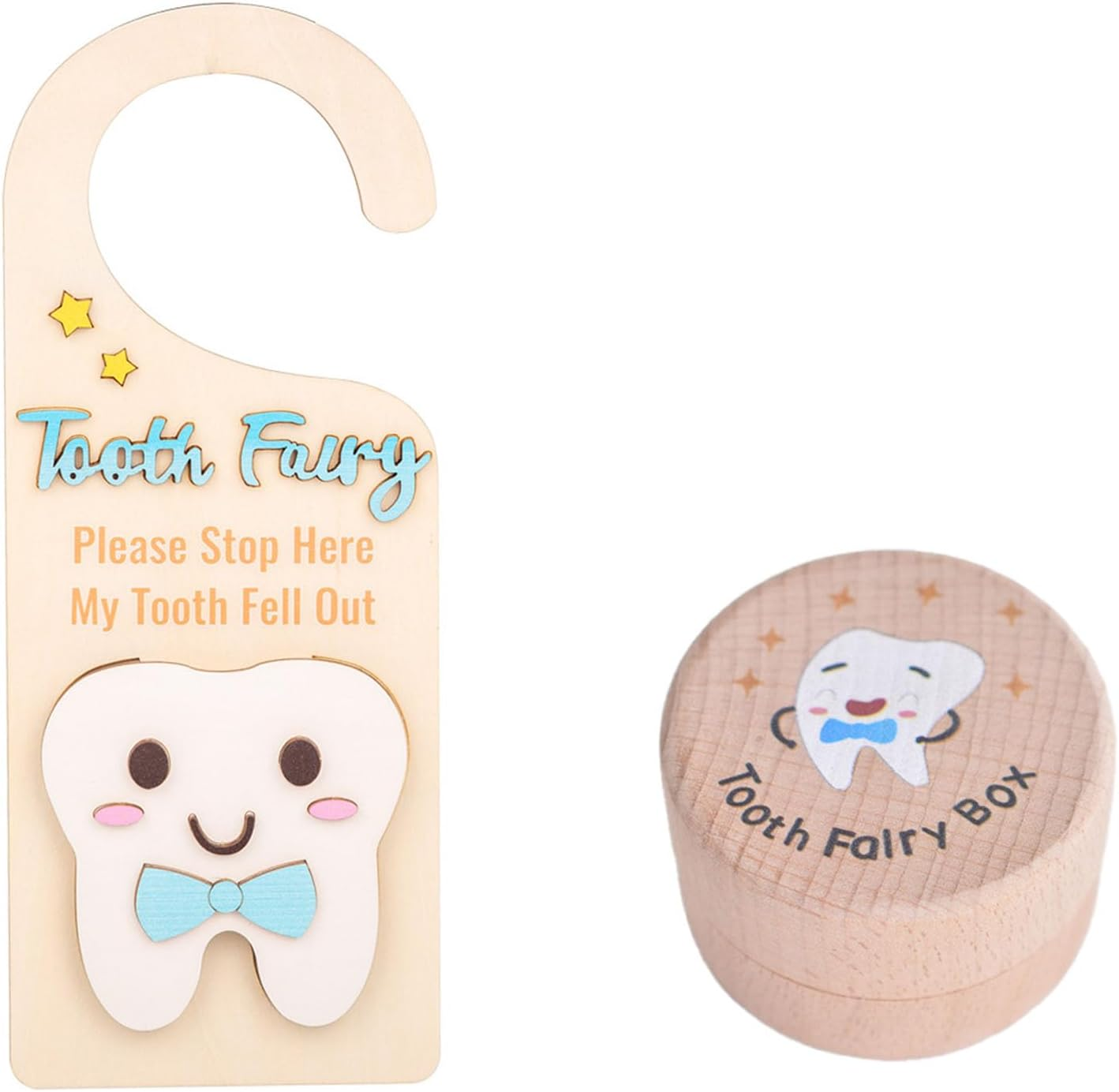 Tooth Fairy Door Hanger - Blue Wooden Tooth Fairy Money Holder Box for Lost Tooth, Cute 3D White Tooth Keepsake Cartoon Image. image number 4