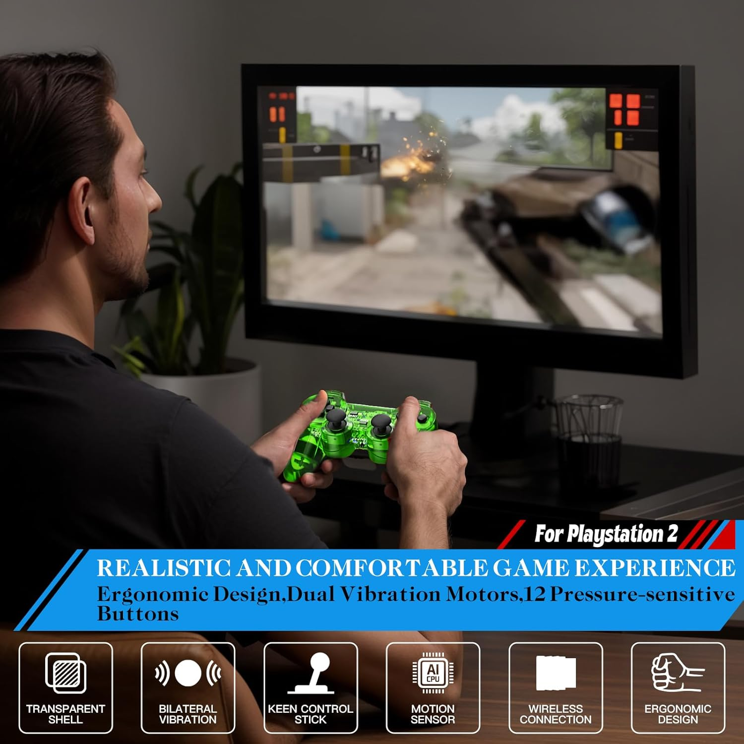 Wired Controller for PS2 Double Shock, 2 Pack Gamepad Remote Compatible with Play Station 2 (Clear Purple and Clear Grean)