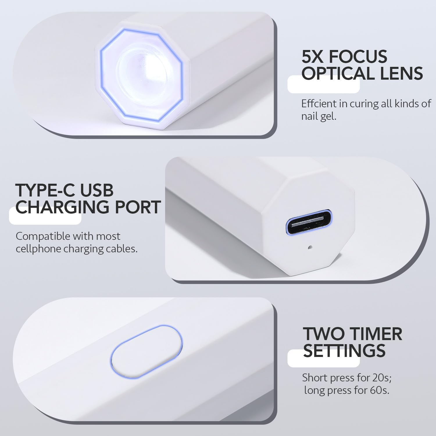 GAOY Handheld UV Light for Gel Nails, Mini Nail Lamp, Portable Cordless Rechargeable, Fast Curing, Octagon White image number 4