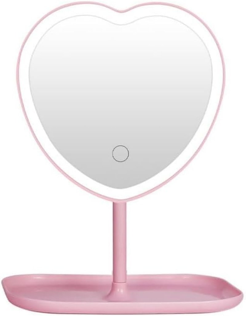 Taolivingmart Vanity Mirror, Heart-Shaped Makeup Mirror with Three-Level Dimming and LED Lights for Girls and Students (Pink)