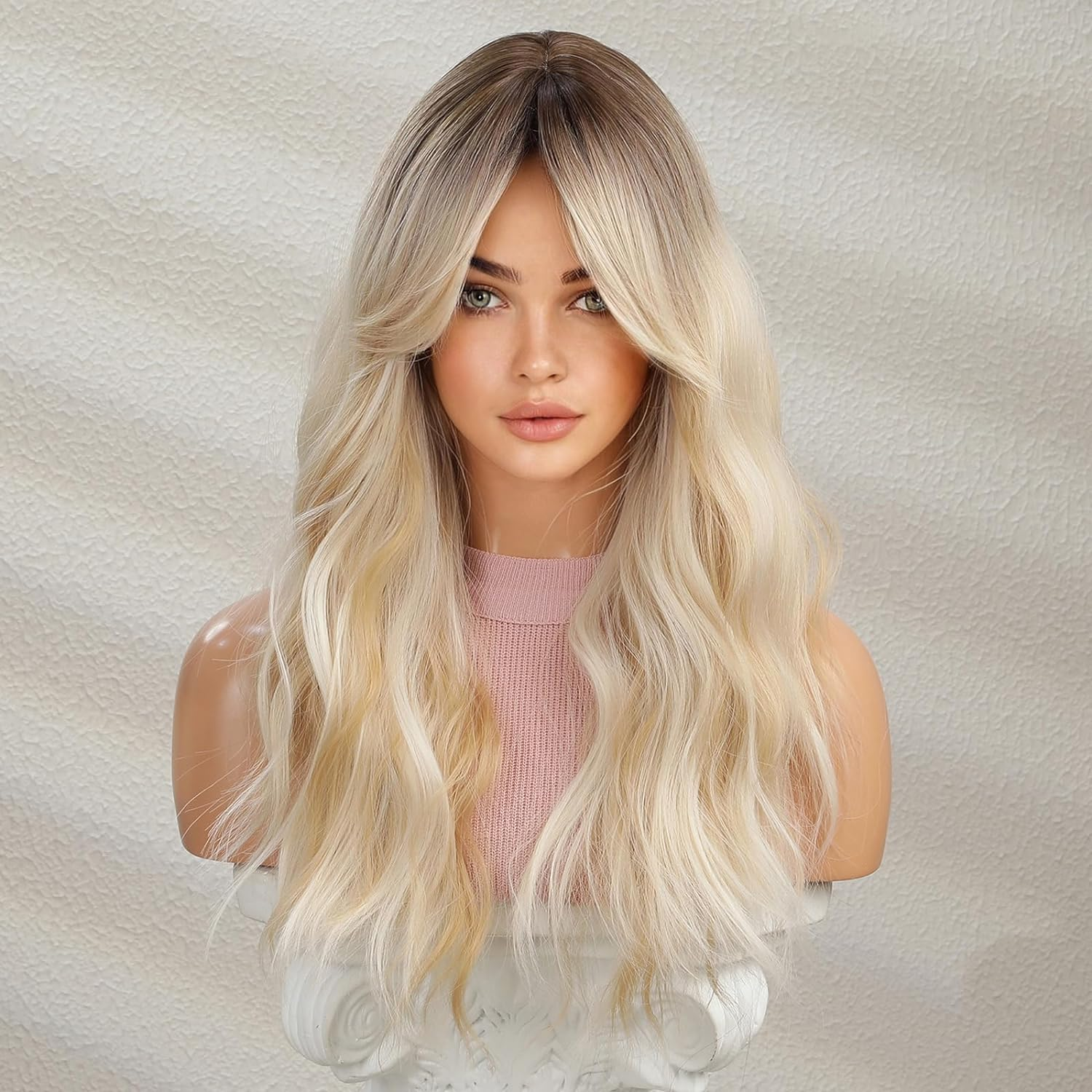 Long Ombre Blonde Wavy Wig for Women 24 Inch Middle Part Curly Wavy Wig Natural Looking Synthetic Heat Resistant Fiber Wig for Daily Party Use (Ombre Blonde) image number 5
