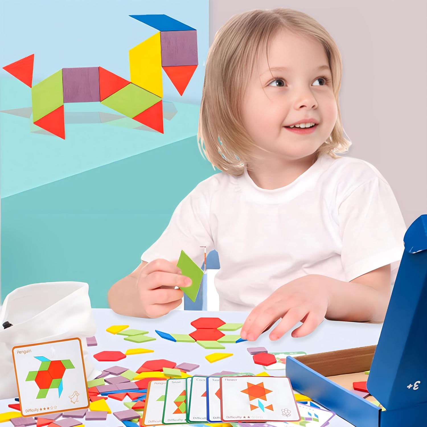 155 PCS Wooden Pattern Blocks Set Geometric Shape Puzzle Kindergarten Classic Educational Montessori Tangram Toys for Kids Ages 4-8 with 12Pcs Double Side Cards image number 5