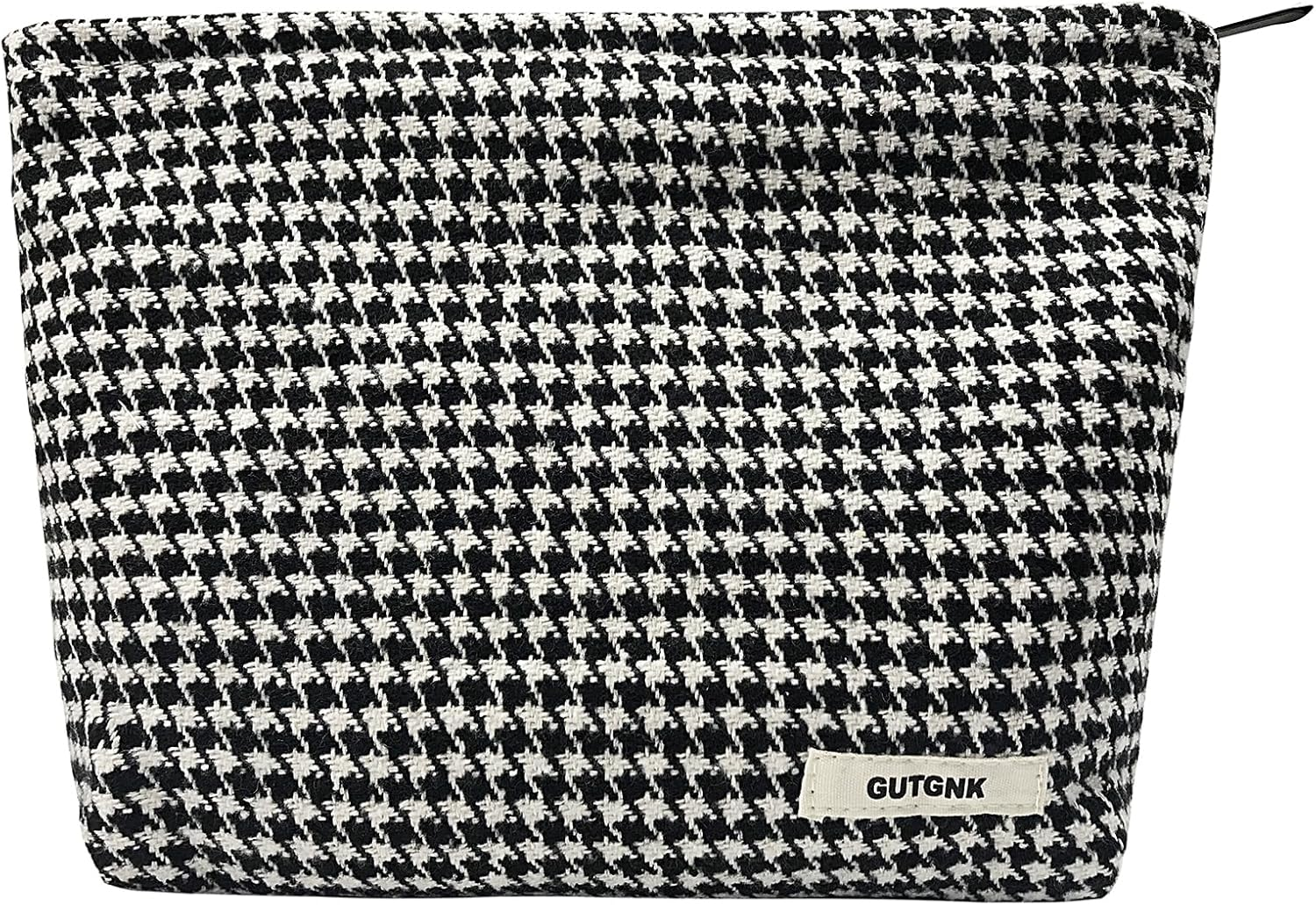 Makeup Bag for Women, Corduroy Cosmetic Bag Aesthetic Design Ladies Tote Bag, Pencil Case for Girls, Cute Smiley Face Makeup Organizer with Zipper, Black Houndstooth