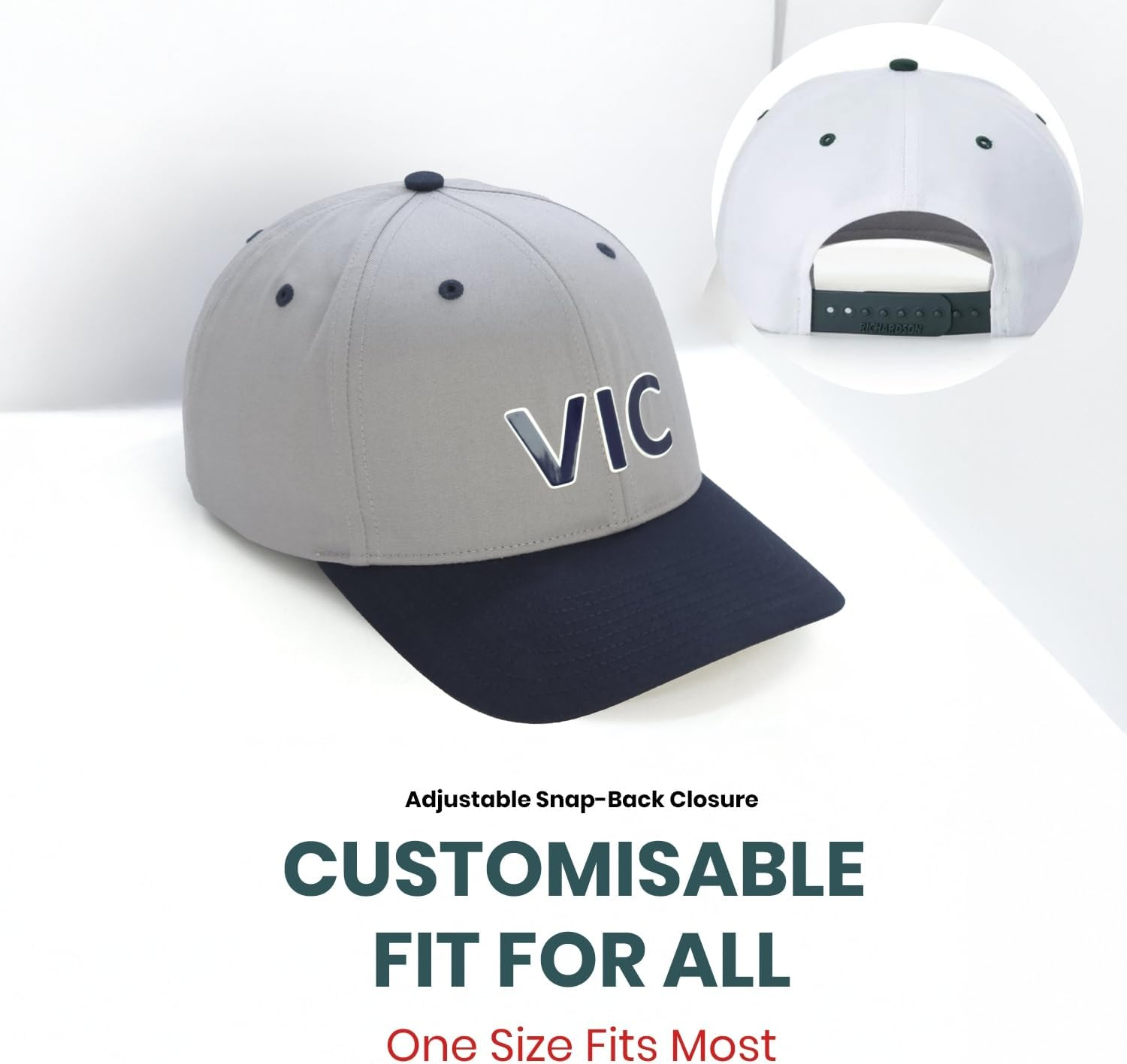 Victoria Supporters Cap, Richardson Pro 212 Baseball Cap, Bold 'VIC' Text, Lightweight Cotton-Poly Twill, Adjustable Snapback Closure, Pre-Curved Underbill, Sports & Casual Wear, Grey-Navy Colour image number 6