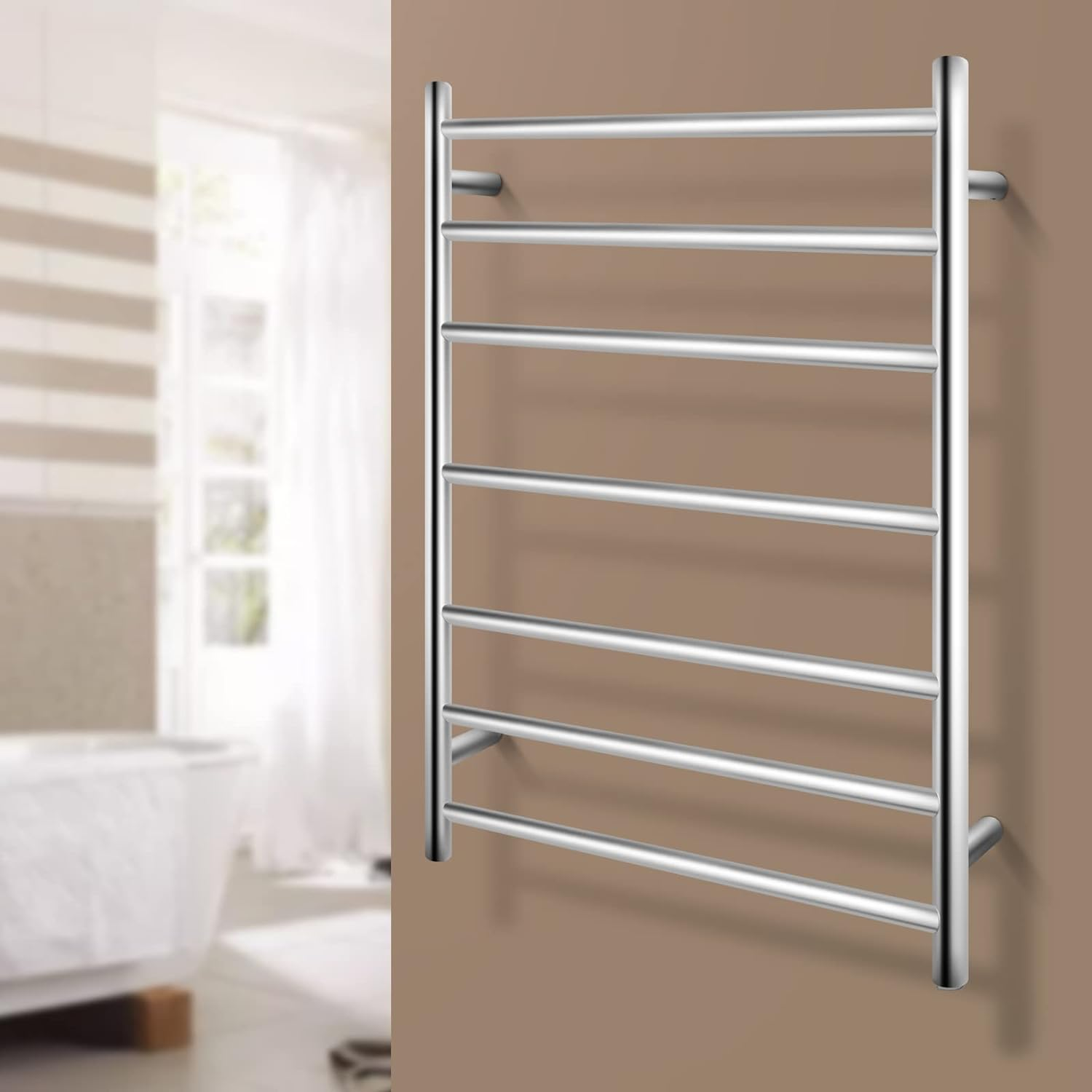Bathroom Heated Towel Rail 6 Bars round Stainless Steel Electric Heated Towel Energy-Saving Heated Towel Rack Holder Wall Mounted 70W SAA Certificate (Chrome)