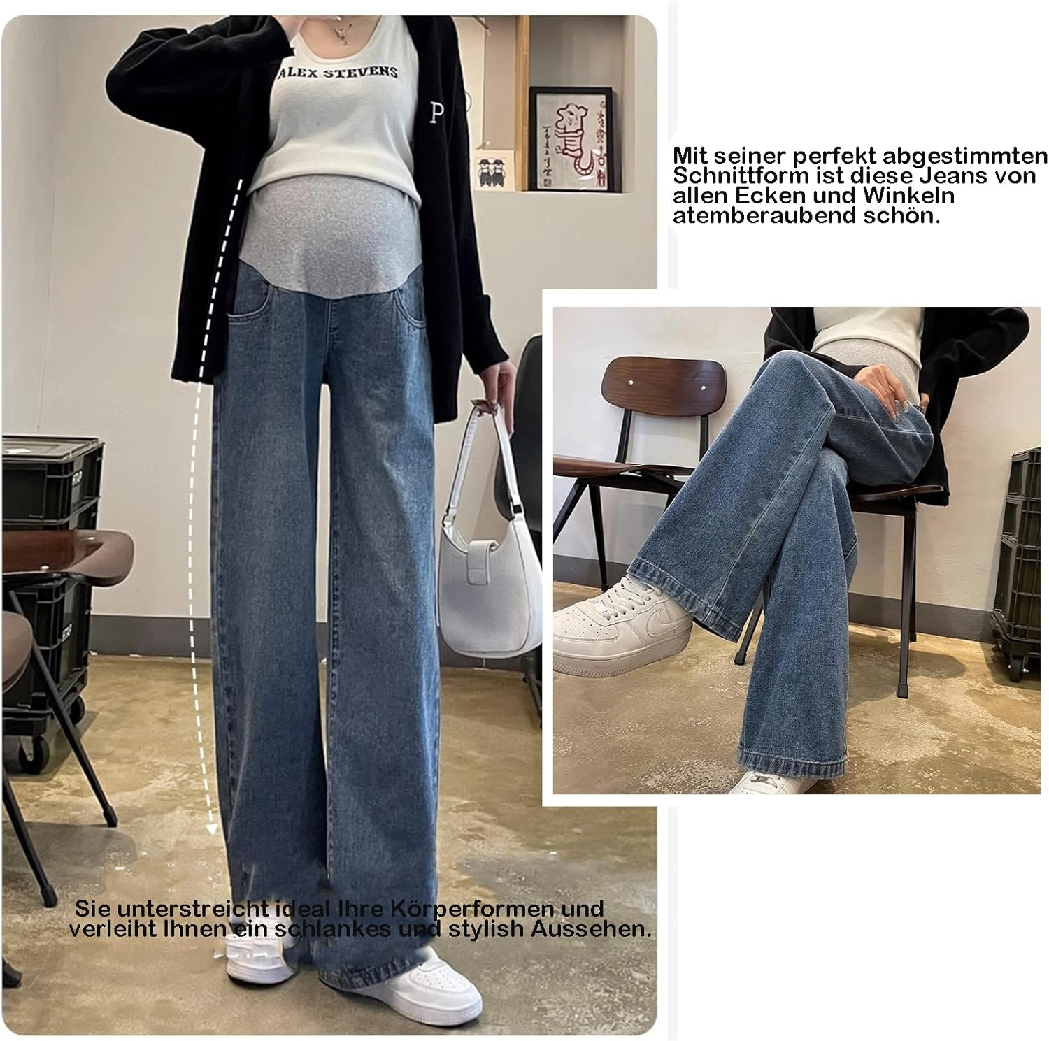 Pregnant Women'S Jeans Wide Leg Design, Adjustable Waist Belt & Double-Sided Pockets, Stylish & Elegant, Practical for Everyday Use and Work image number 6