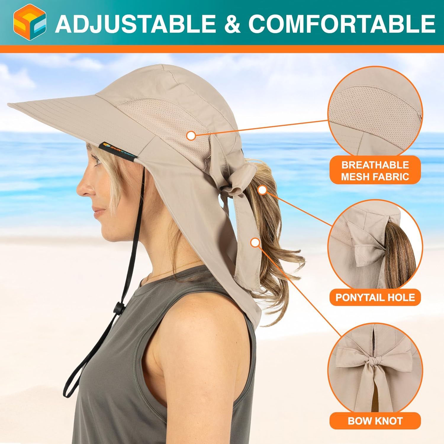 SUN CUBE Wide Brim Sun Hat with Neck Flap, UPF50+ Hiking Safari Fishing Hat for Men Women, Sun Protection Beach Hat, Tan with Bow, One Size image number 4