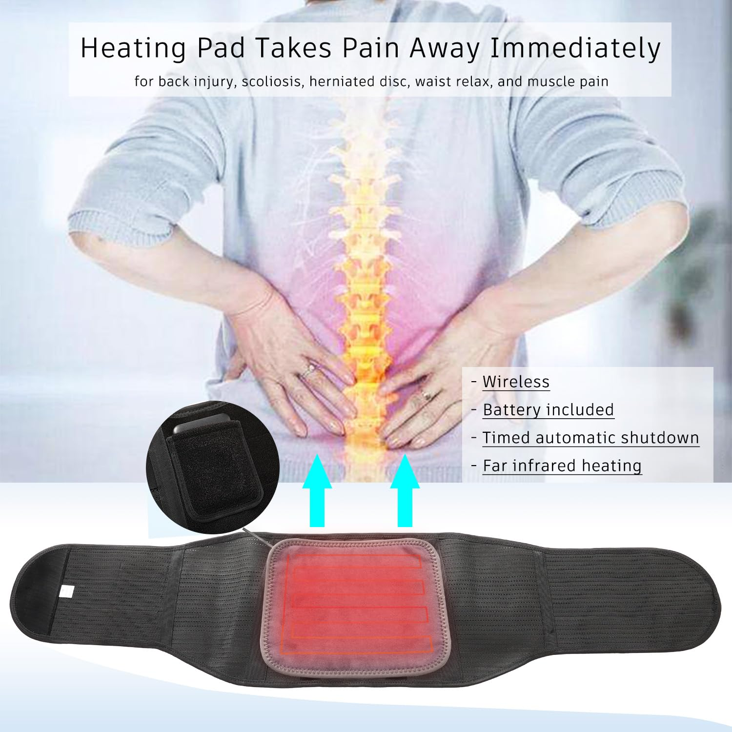 Heated Back Brace for Lower Back Pain Relief Women Men; Cordless Heating Waist Belt Wrap Operated by Rechargeable Battery; Far Infrared Heat Therapy for Herniated Disc, Sciatica, Scoliosis (Black, M) image number 6