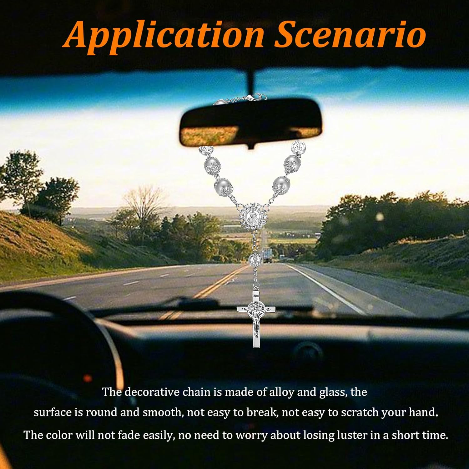 Ziciner 2 PCS Car Rosary for Rearview Mirror, Personalized Blessing Rear View Mirror Hanging Decors, Auto Rearview Mirror Rosary Pendant, Car Interior Hanging Accessories (Silver) image number 5