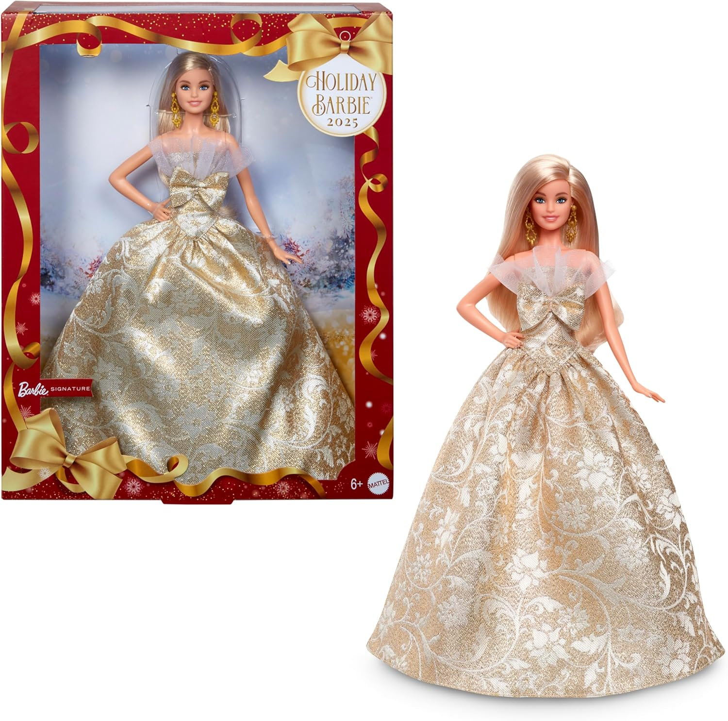 Barbie Signature Doll, 2025 Holiday Barbie Blonde Fashion Doll Wearing Silver & Gold Gown, Seasonal Collector Doll in Displayable Packaging & Doll Stand image number 5