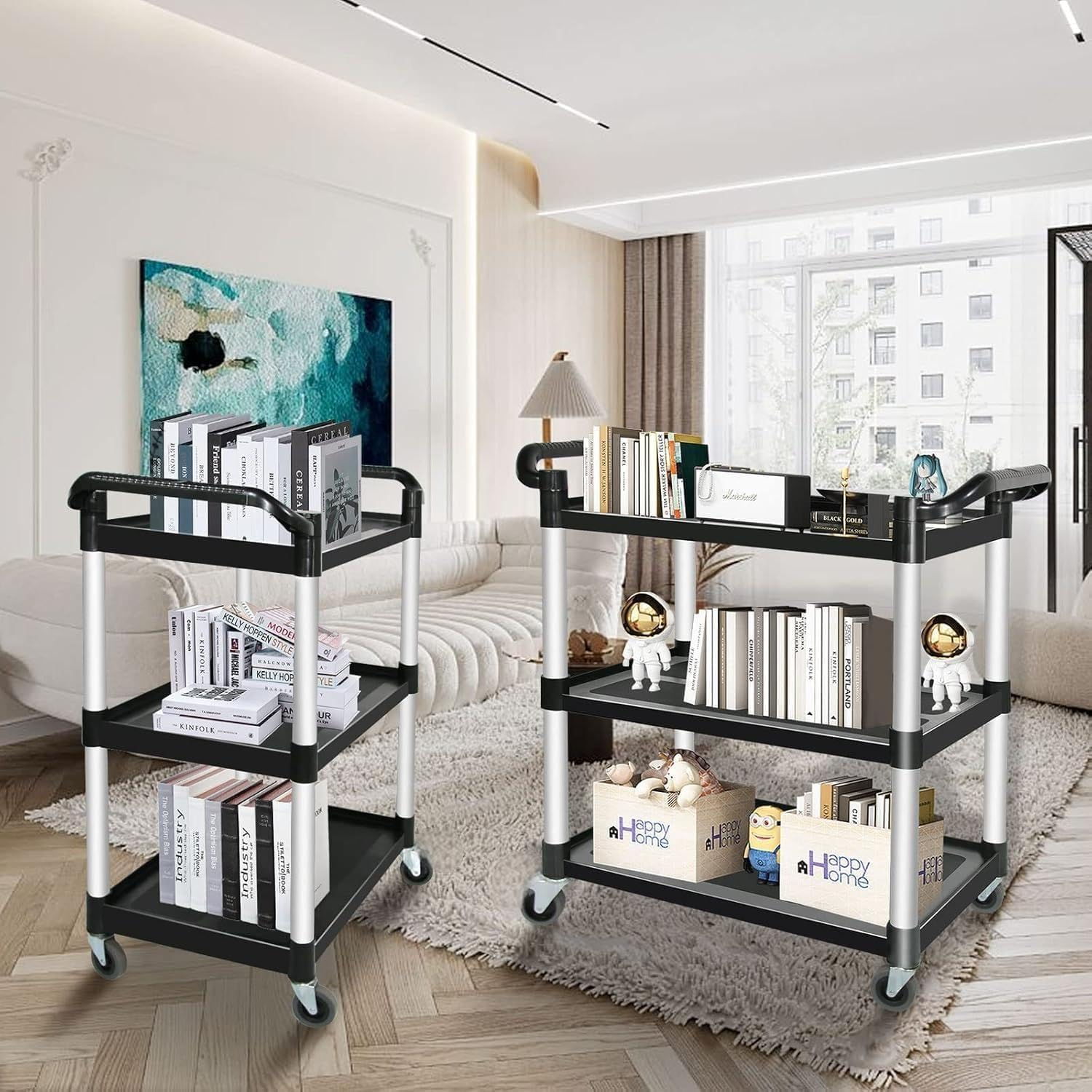 3 Tier Utility Service Catering Carts, Restaurant Kitchen Food Serving, with Wheels (2 with Brakes), Large Shelf Storage, Duty Heavy Cart Trolley for Bar、Salon、Warehouse、Office(Black