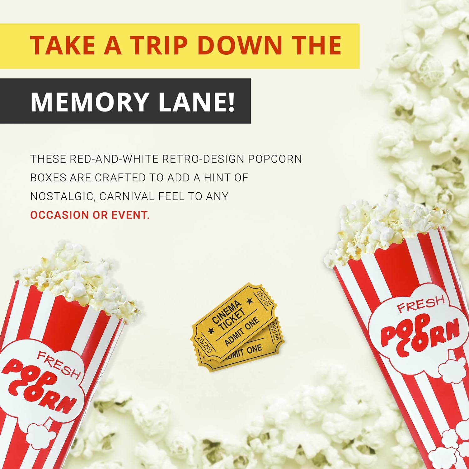 30 Movie Night Popcorn Paper Boxes Buckets 7.75 Inches Tall Large & Holds 46 Oz Old Fashion Vintage Retro Party Design Red & White Colored Nostalgic Carnival Stripes Bags & Tubs [Various Qty Avail] image number 1