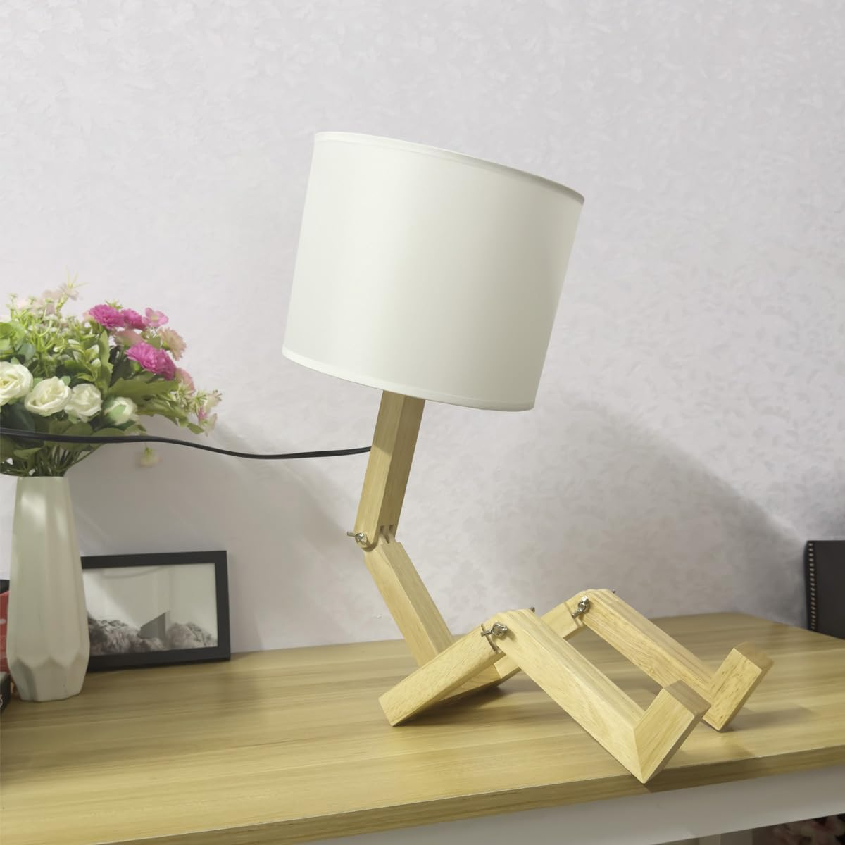 Cute Desk Lamp,Wooden Robot Table Lamps for Bedroom,Adjustable Head Unique Bedside Fun Funky Person Lamp for Home,Dorm Room,Kids Room,Office