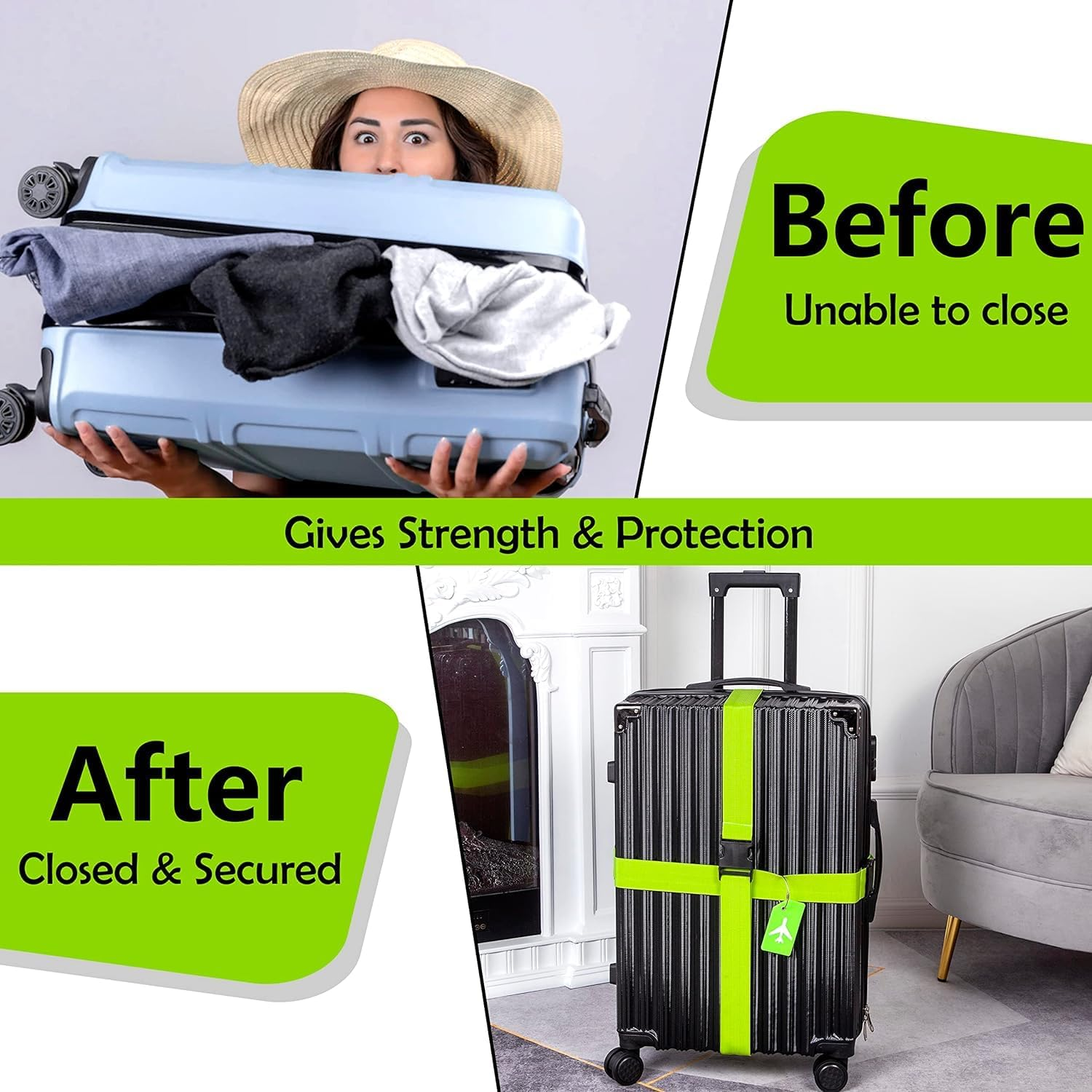 4 Pack Luggage Straps for Suitcases TSA Approved & Suitcase Identifiers Unique Luggage Tags and Straps Set, Adjustable Suitcase Belt Straps with Buckles to Keep Suitcase Secure While Traveling (Green)