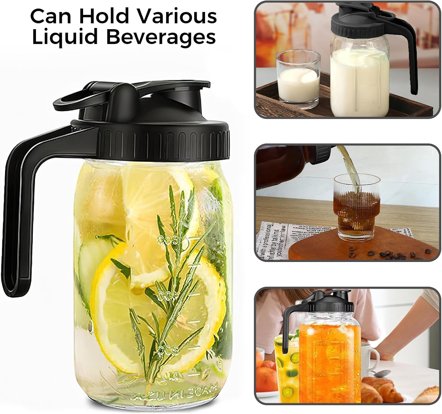 XURUIAU 32 Ounce Glass Mason Jar Water Bottle with Spout Handle Leak Proof Silicone Seal Ideal for Cold Brew Coffee Milk Juice Lemonade Breast Milk Storage and Other Beverages，Black image number 4
