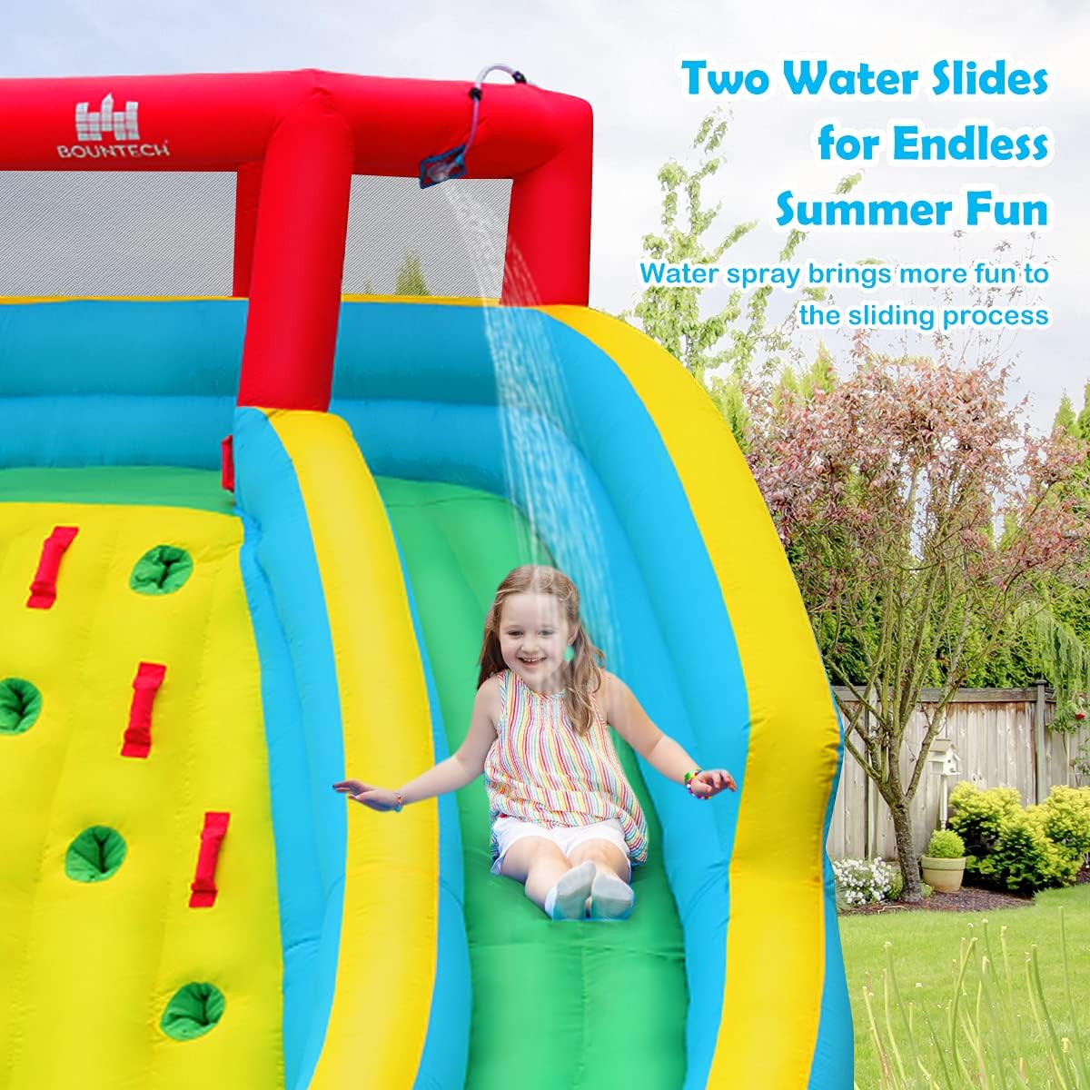 HONEY JOY Inflatable Water Slide, 452 X 365 X 233CM Giant Water Park for Kids W/Double Long Slides, Climbing Wall, Splash Pool, Water Cannon, Blow up Inflatable Bouncer for Outdoor(With 680W Blower) image number 2