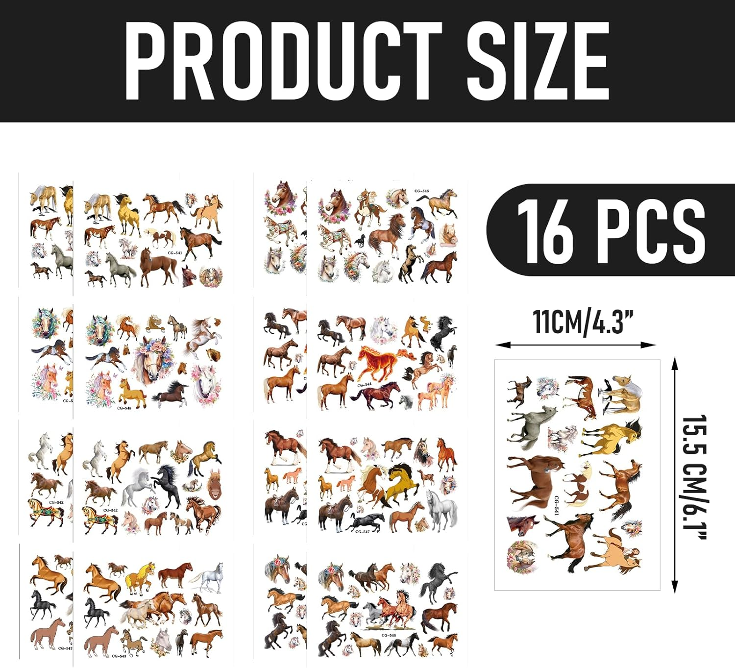 Horses Tattoos, 16 Sheets Carton Horse Temporary Tattoo Stickers for Kids, Birthday Themed Party Supplies Decoration Favors Children Tattoos Gift Kids Boys Girls Prizes Carnival Christmas Rewards image number 2