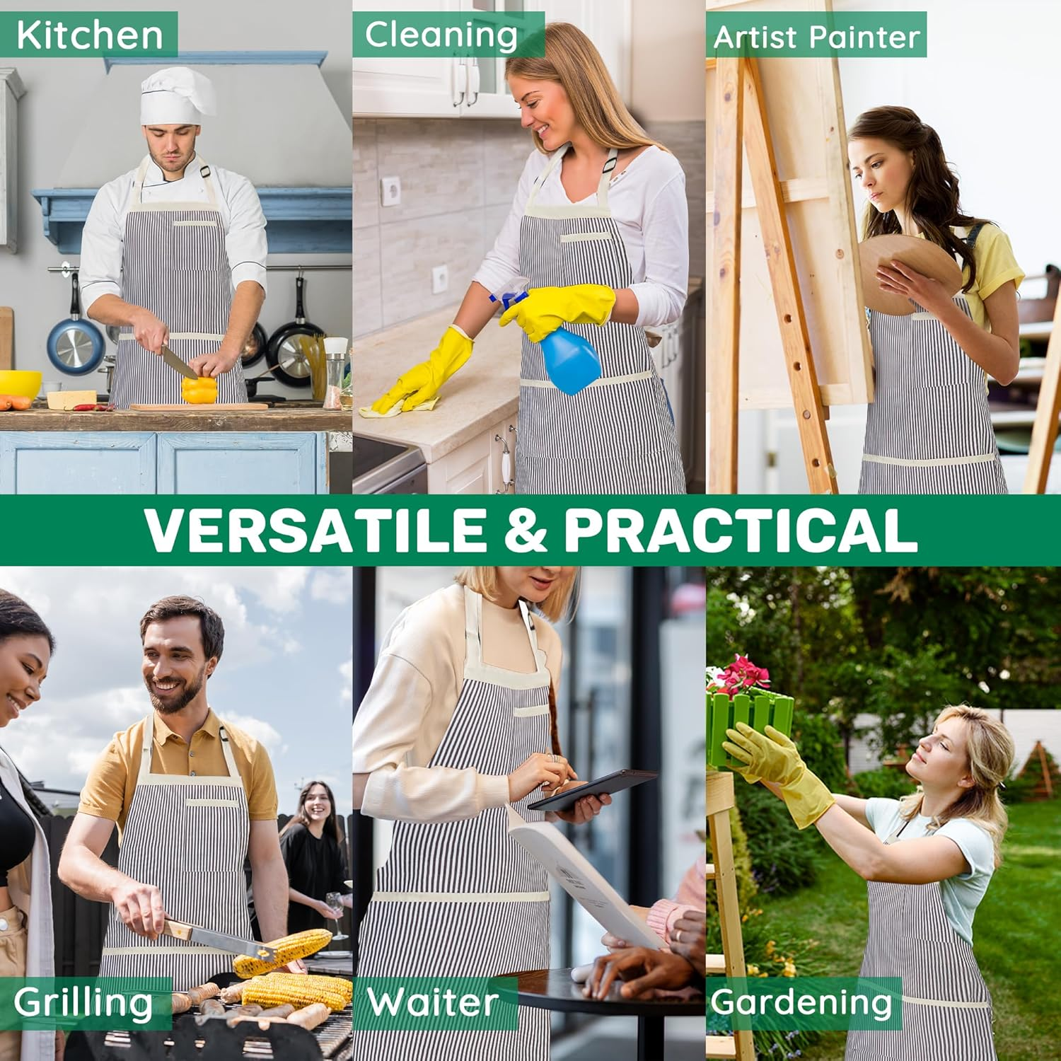 2 Pack Stripe Kitchen Apron, Adjustable Bib Soft Apron with 3 Pockets, Chef Aprons for Men Women, Cooking Aprons for BBQ Painting Gardening Baking Restaurant image number 5