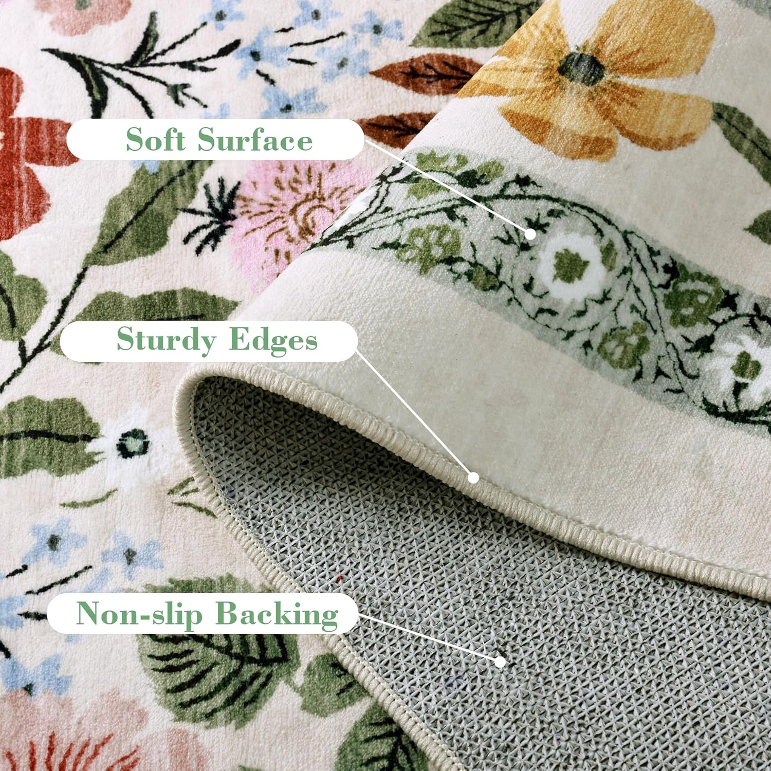 Deerly Green Rugs for Livingroom, Floral Boho Area Rug for Bedroom Child Nurseryroom Diningroom, Vintage Non-Slip Floor Rug Washable Bedunder Carpet Kitchen Office. (Beigegreen, 160X230Cm) image number 3