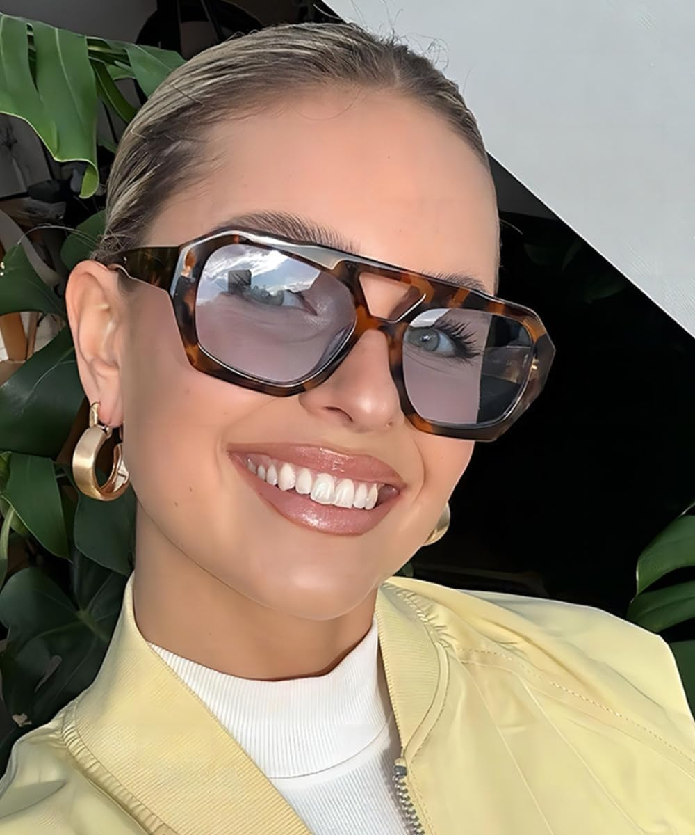 BAODAREN Trendy Aviator Sunglasses for Women Men Hexagonal Square Thick Frame Double Bridge Sun Glasses Shades BS1300 - Black/Grey image number 2