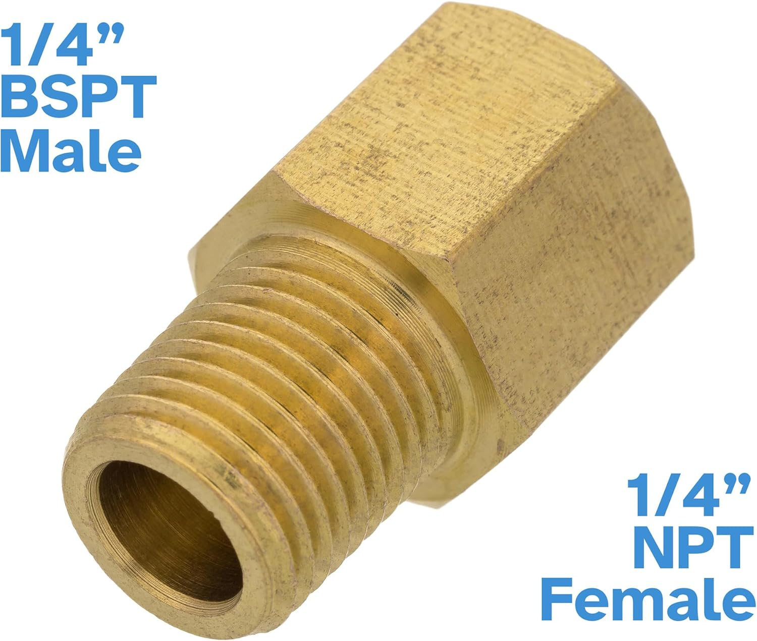 1/4" BSP Male to 1/4" NPT Female Brass Pipe Fitting Connector Thread Plumbing Hose, Hex Head Threaded Tubing Adapter Coupler, Used to Connect Lines for Air, Water, Fuel, Oil and Gas