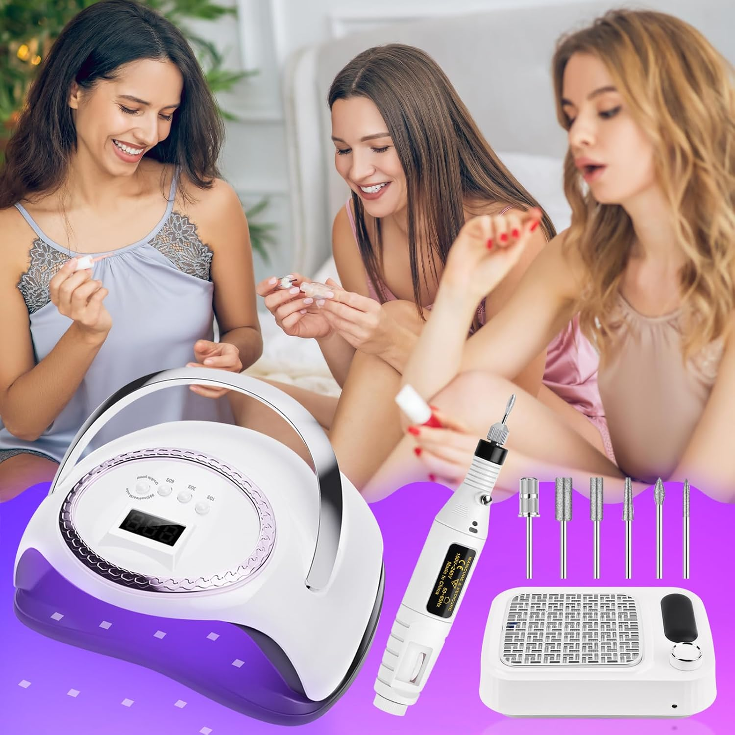 Advwin Professional 3-In-1 Nail Set: UV/LED Nail Lamp + Nail Dust Collector + Electric Nail Drill Kit, USB Power & 6 Grinding Bits image number 2