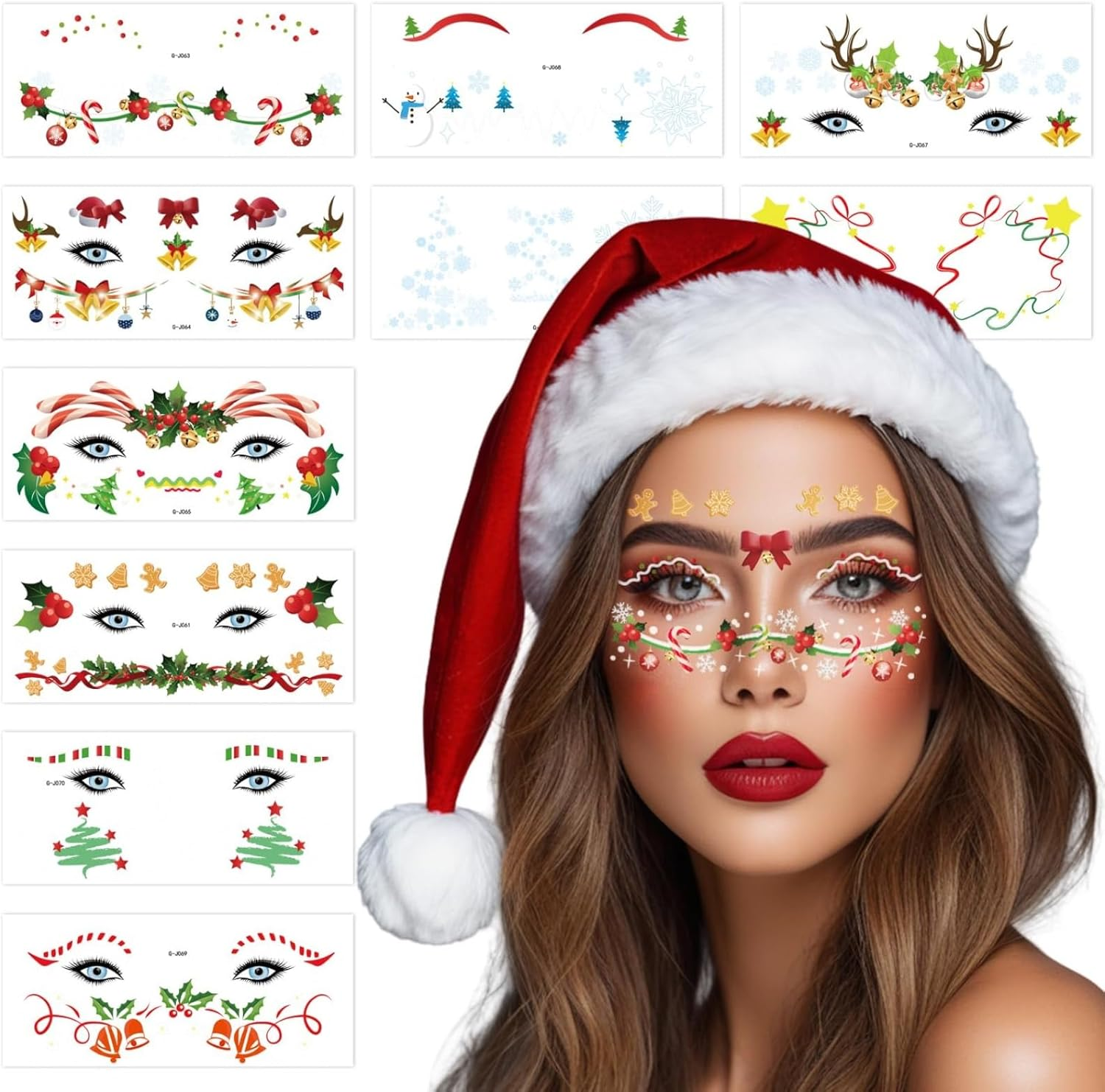 Itadaku 10 Sheets Christmas Face Temporary Tattoos, Cute Holiday Makeup Stickers for Adults, Christmas Party Gifts & Decorations