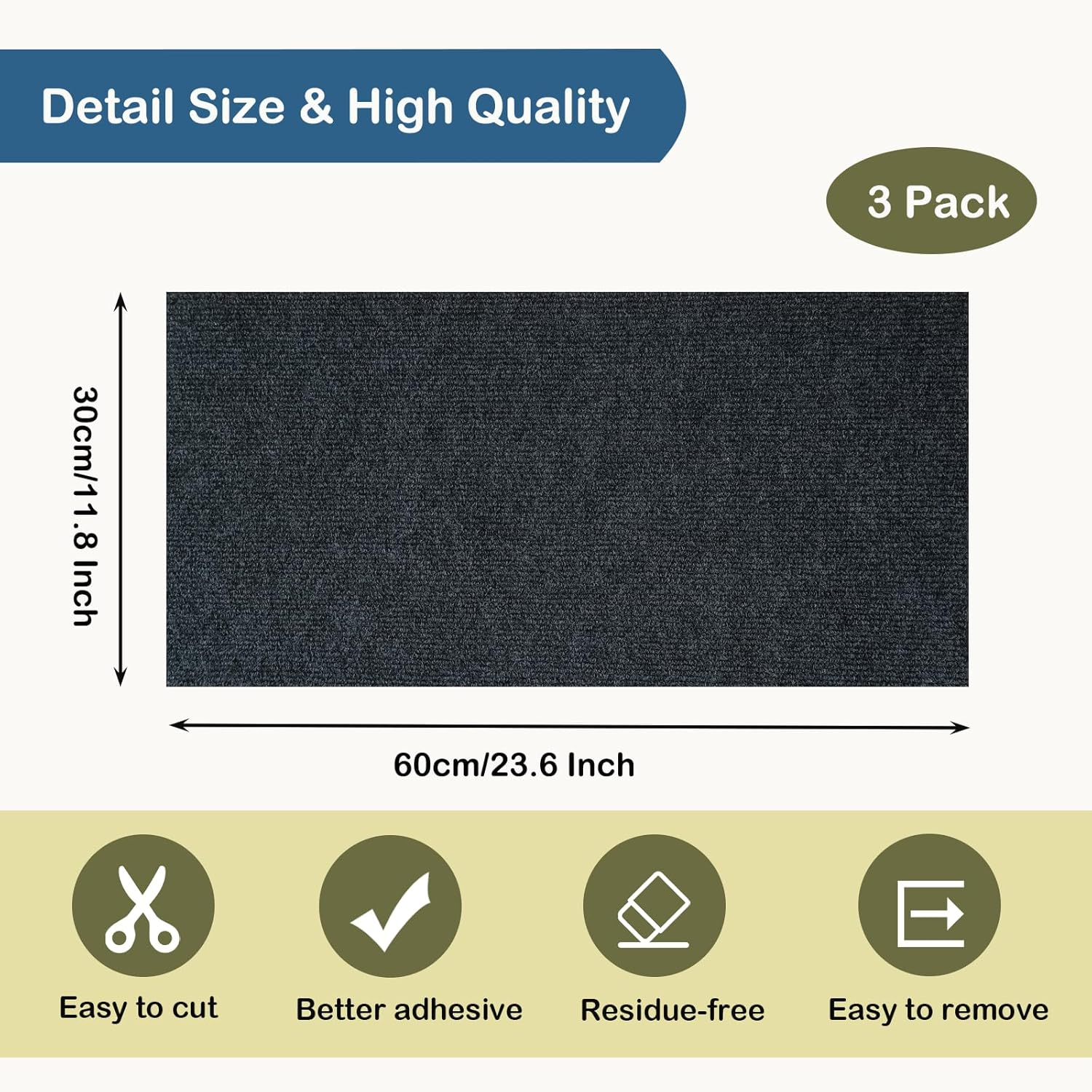 Mooydee 3 Pack Cat Scratch Mats 23.6"X11.8", Trimmable Self-Adhesive Cat Scratching Post Carpet Cat Tree Shelves Replacement Parts Easy Use Cat Scratcher for Couch Furniture DIY Protector- Dark Gray image number 5