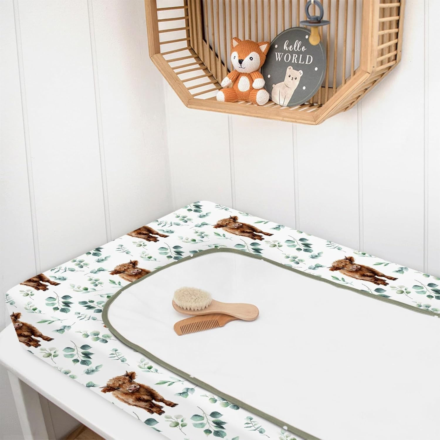 Hawskgfub Highland Cow Eucalyptus Leaf Changing Pad Cover for Baby Girl Boy, Natural Western Farm Animal Diaper Change Table Covers, Soft Stretchy Safe Snug Fitted Changing Mat Sheet Fit 32"/34" X 16" image number 5