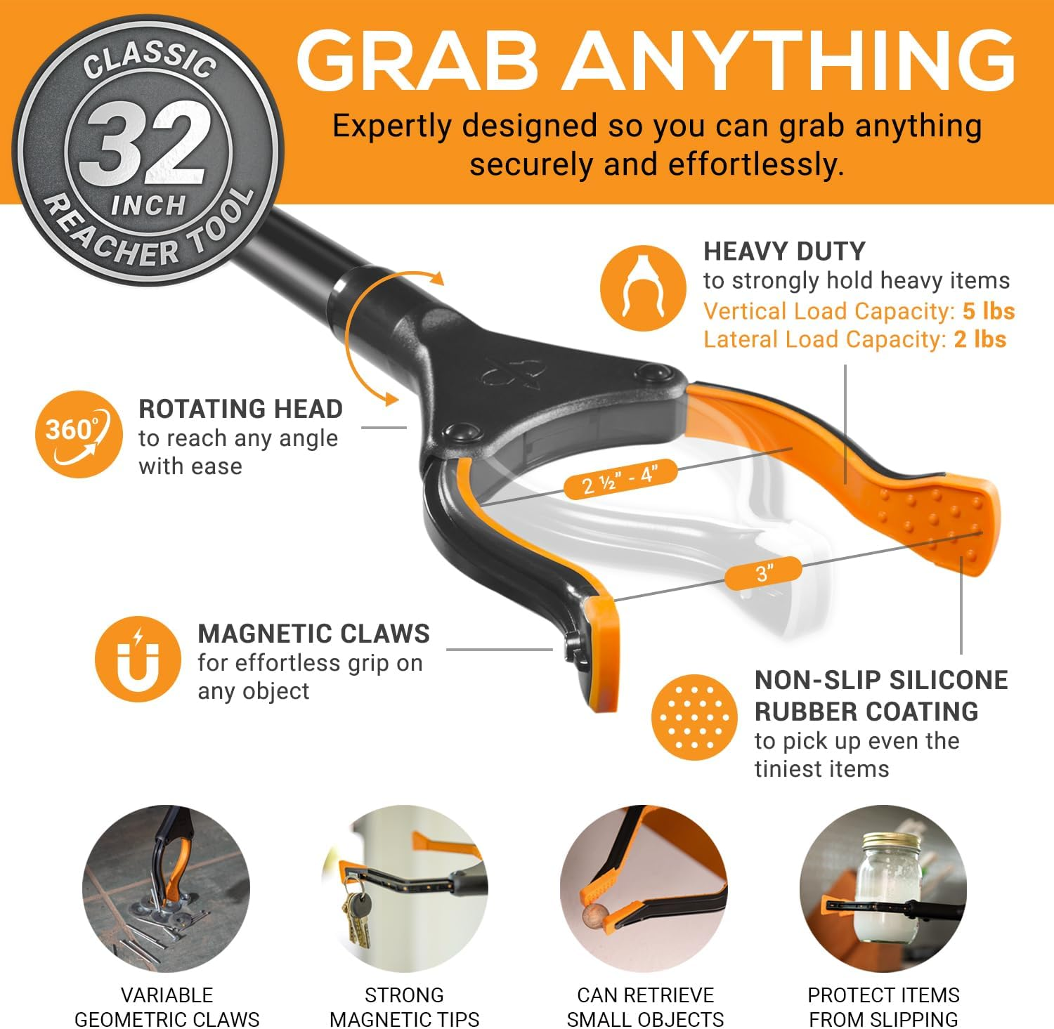 EZPIK Classic 80 Cm Flexible Folding Grabber Tool for Elderly + Magnets, Reacher for Disabled & Seniors Heavy Duty Rotating Grippers for Reaching Underneath, Trash Grabbers & Pickers for Mobility image number 3